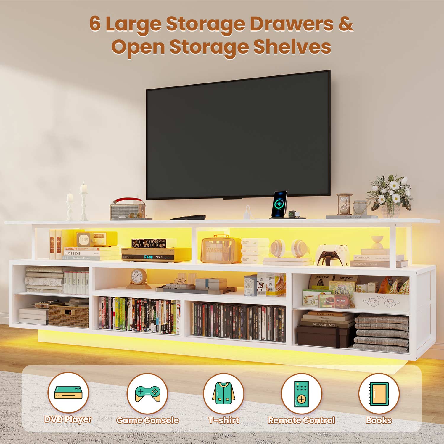 Sikaic TV Stands TV Stand with LED Lights and Power Outlets White White / Engineered Wood / Modern