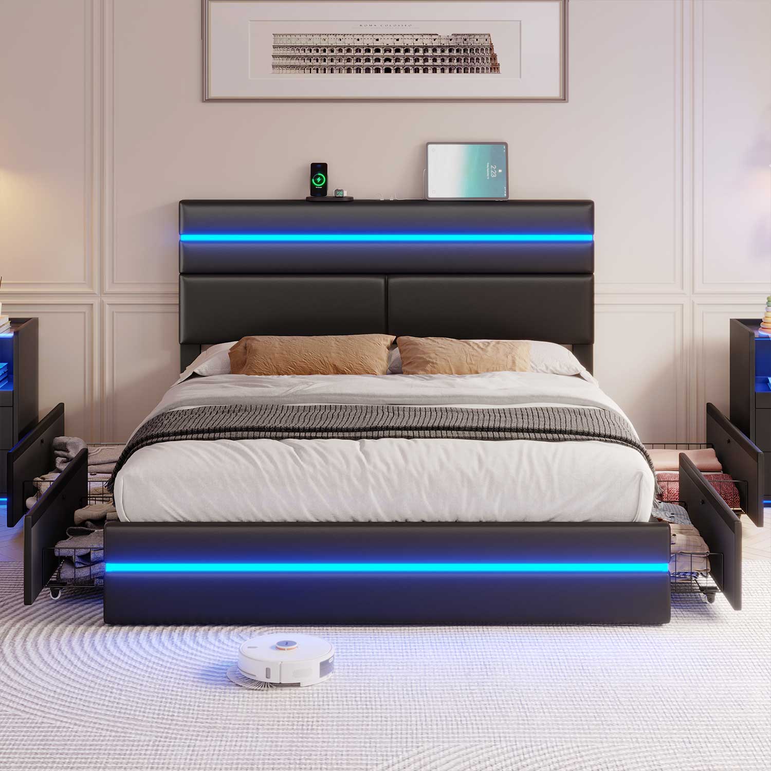 Sikaic Bed Frame Platform Metal Bed Frame with Charging Station and  LED Lights Headboard & 4 Drawers No Box Spring Needed Black