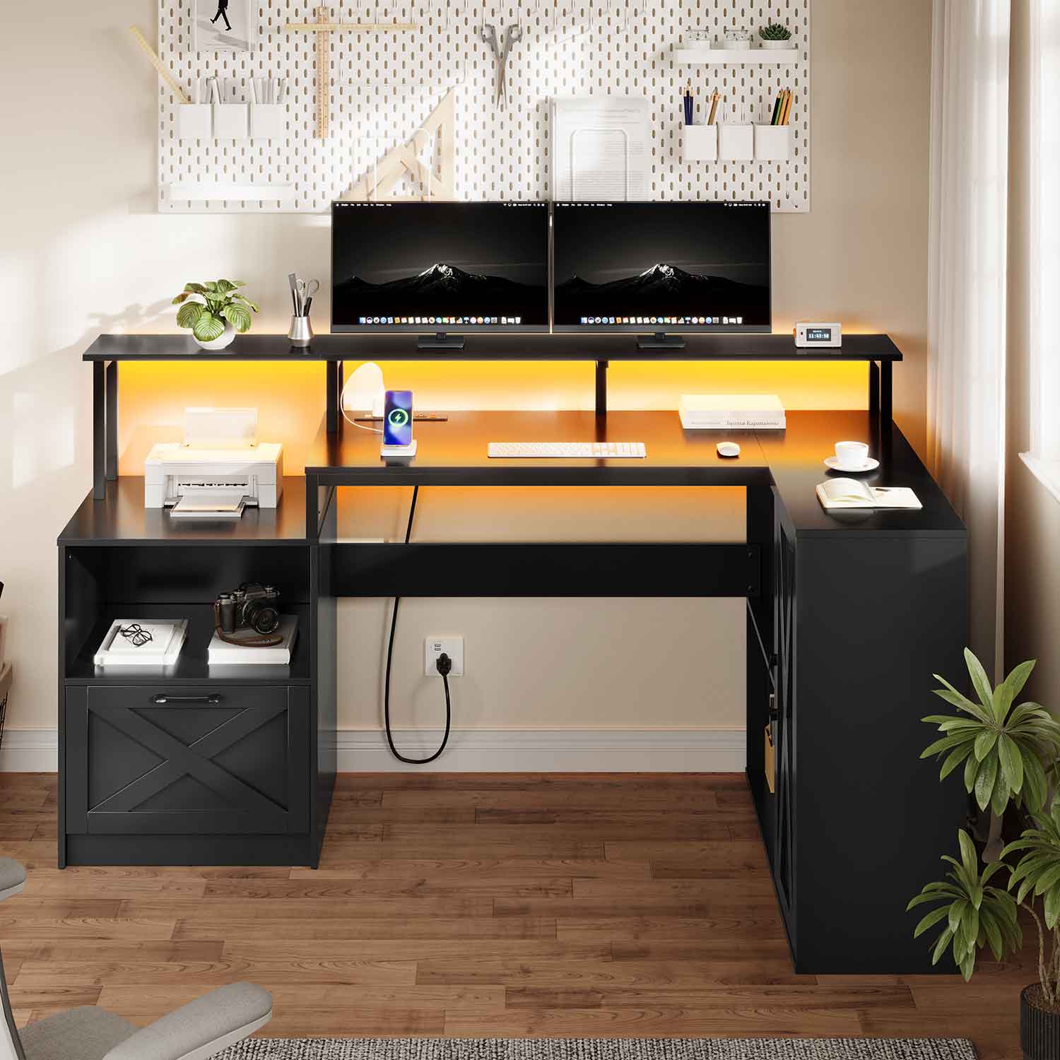 Sikaic Gaming Desk L Shaped LED Gaming Desk with Power Outlets & Monitor Stand and Drawer Cabinet Black Black / Engineered Wood / Modern