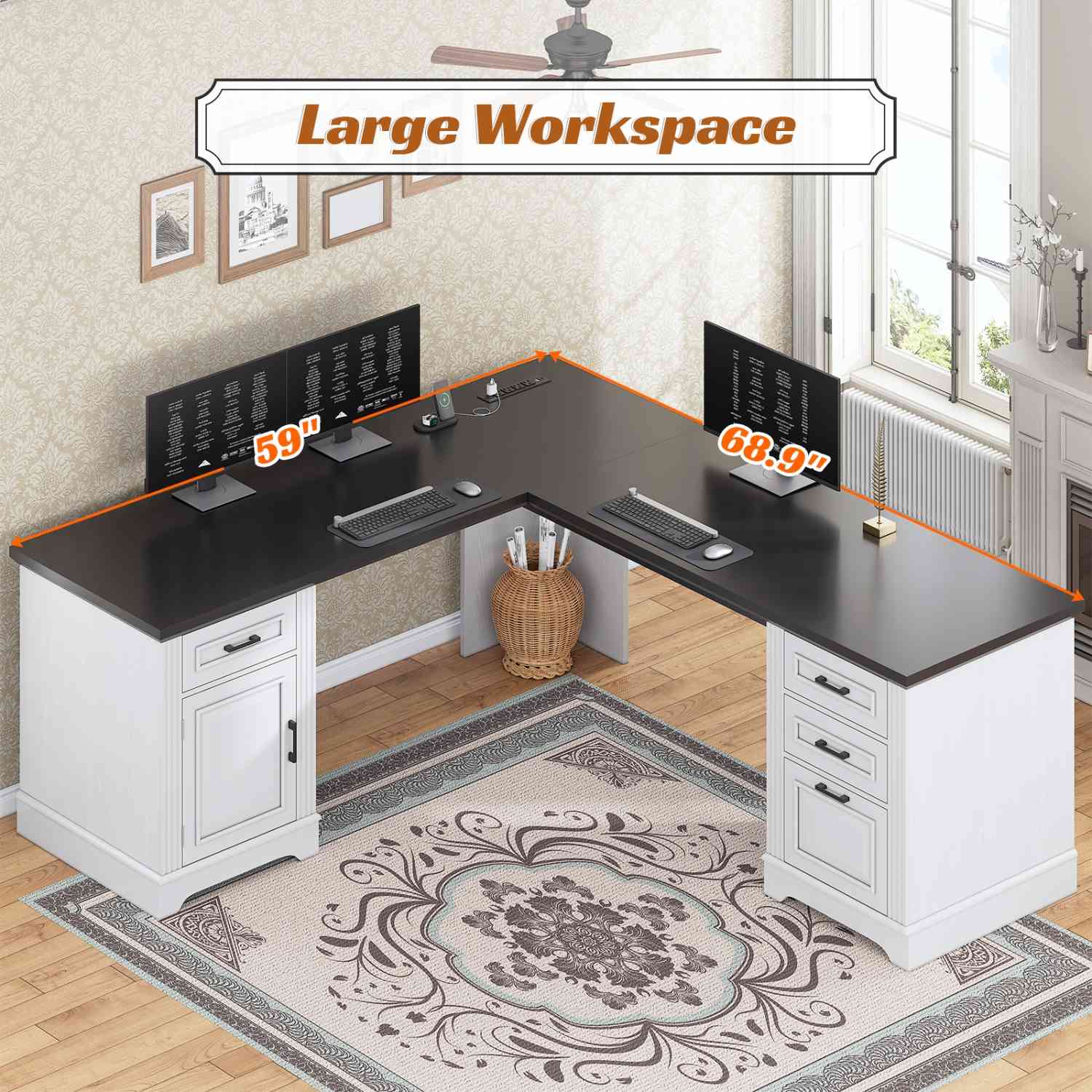 Sikaic Computer Desk 69 Inches L Shaped Computer Desk White White / Engineered Wood / Modern