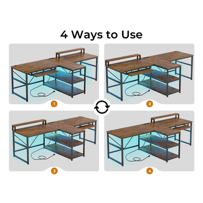 Sikaic 94.5" T Shaped 2 Person Modern Gaming Desk with Storage LED Lights Keyboard Tray Rustic Brown
