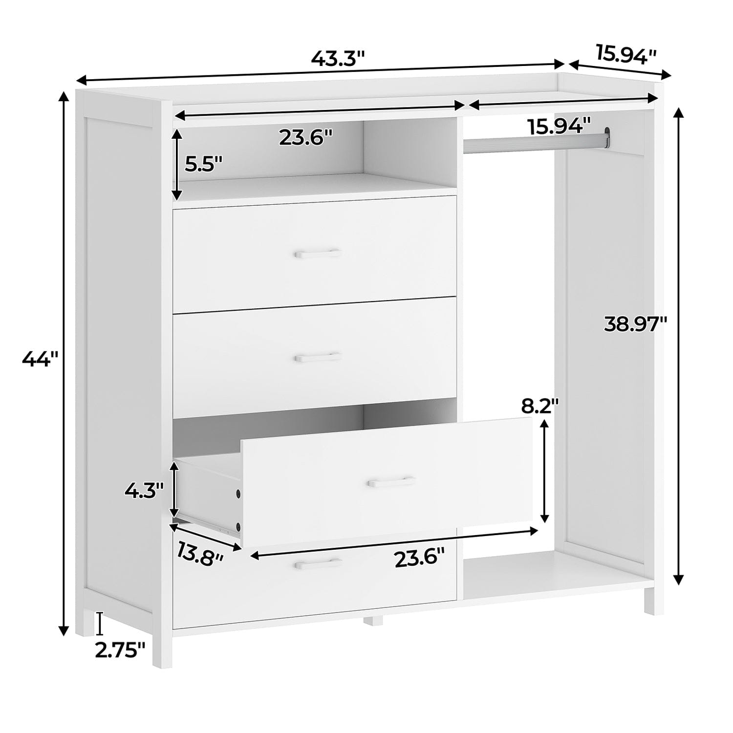Sikaic Dresser 4 Drawers Long LED Lights Dresser with A Clothes Rack & Anti-Toppling Measures White