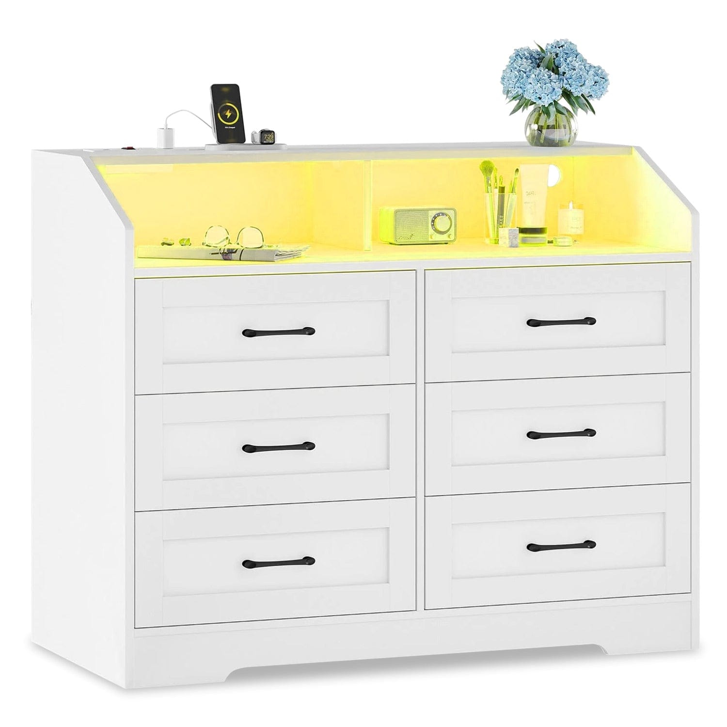 Sikaic Dresser LED 6 Drawers Dresser with Charging Station White White / Engineered Wood / Modern