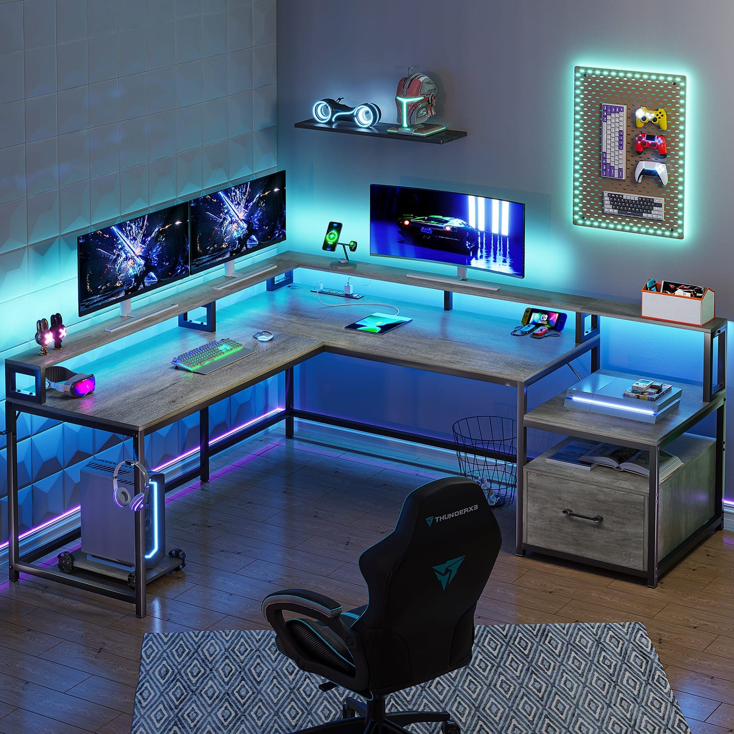 Sikaic 66" L Shaped Corner Two Person Gaming Desk with File Drawer Power Outlet Led Lights Monitor Shelf Grey