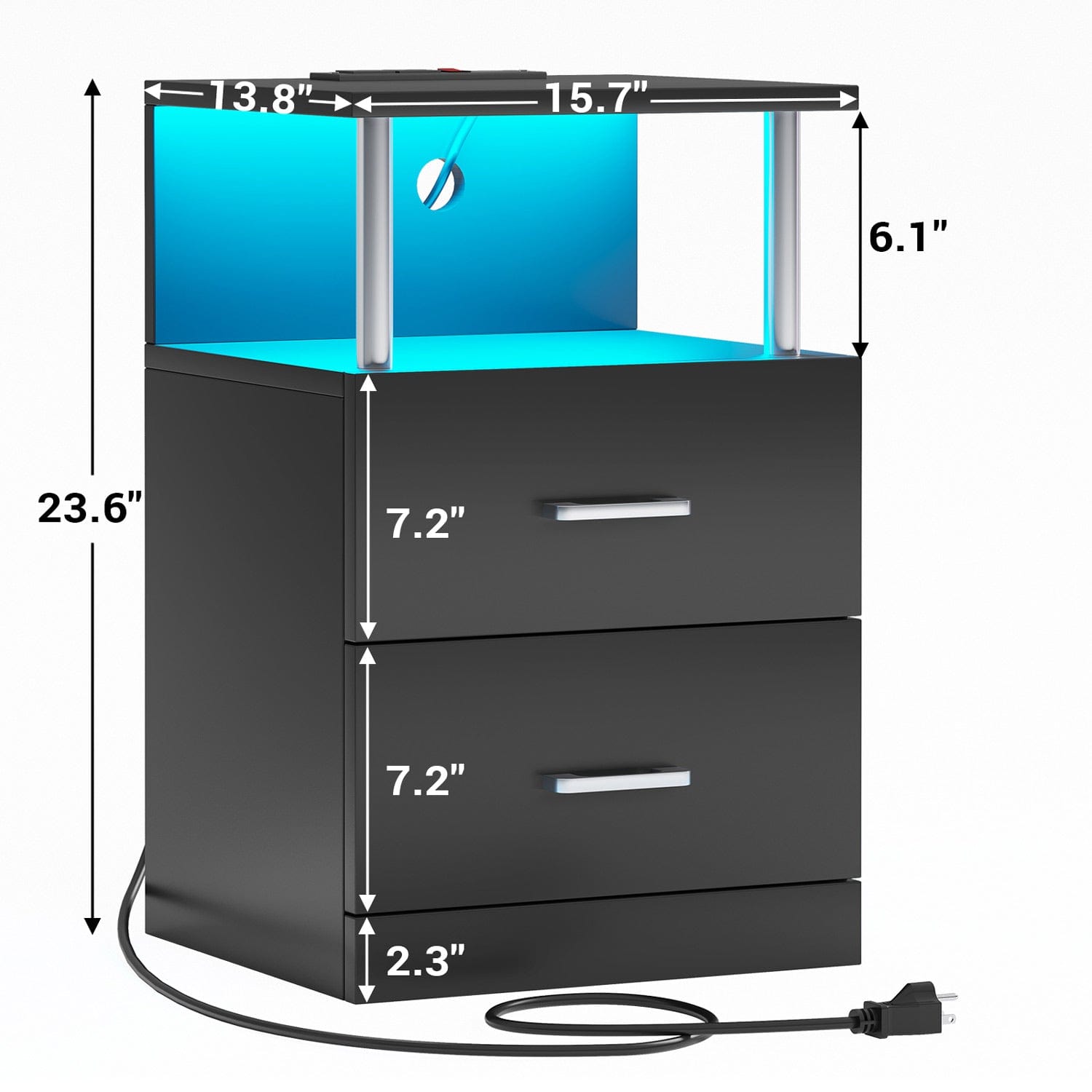 Sikaic Nightstand LED 2 Drawers Nightstand with Charging Station Open Storage 2 USB Ports 2 Outlets Black