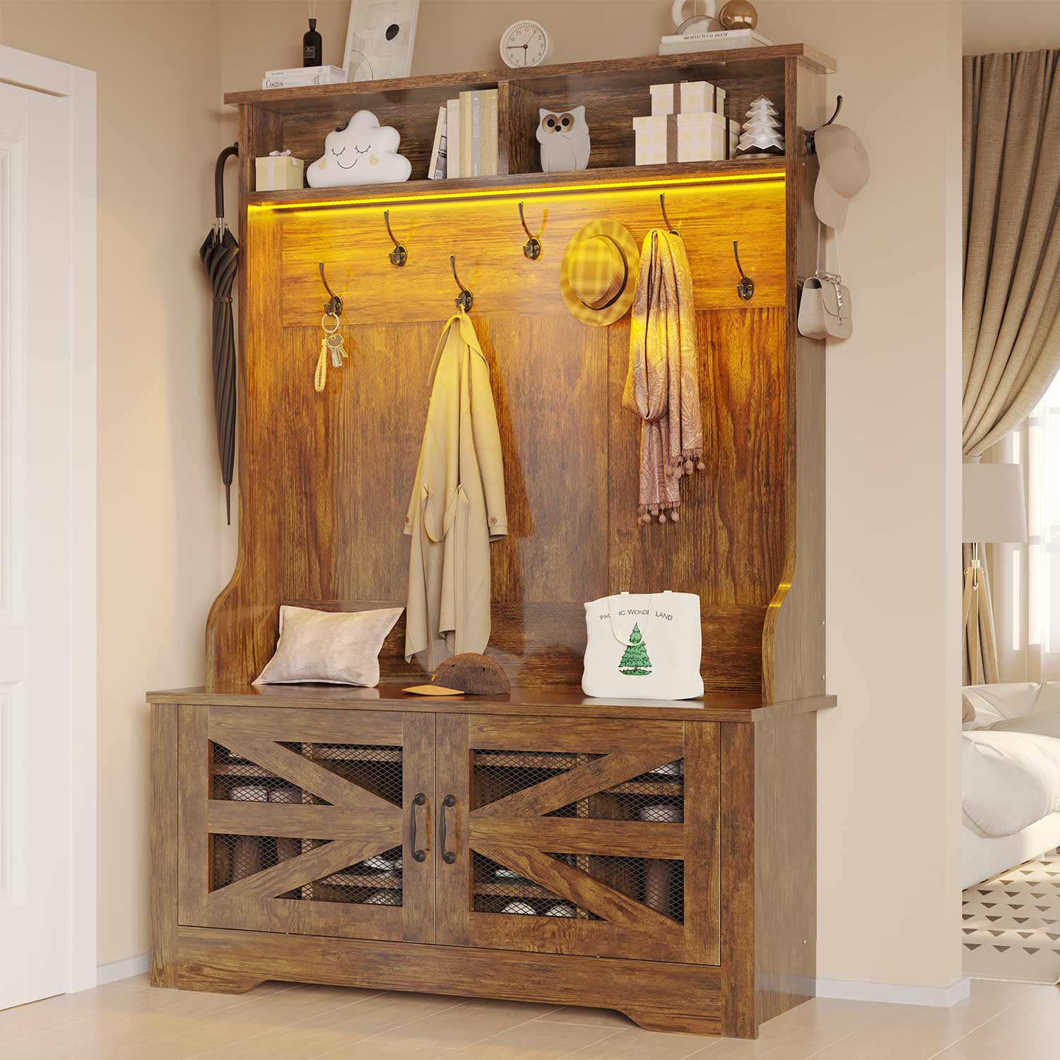 Sikaic Hall Tree 5-in-1 Hall Tree with Bench and Shoe Storage Rustic Brown