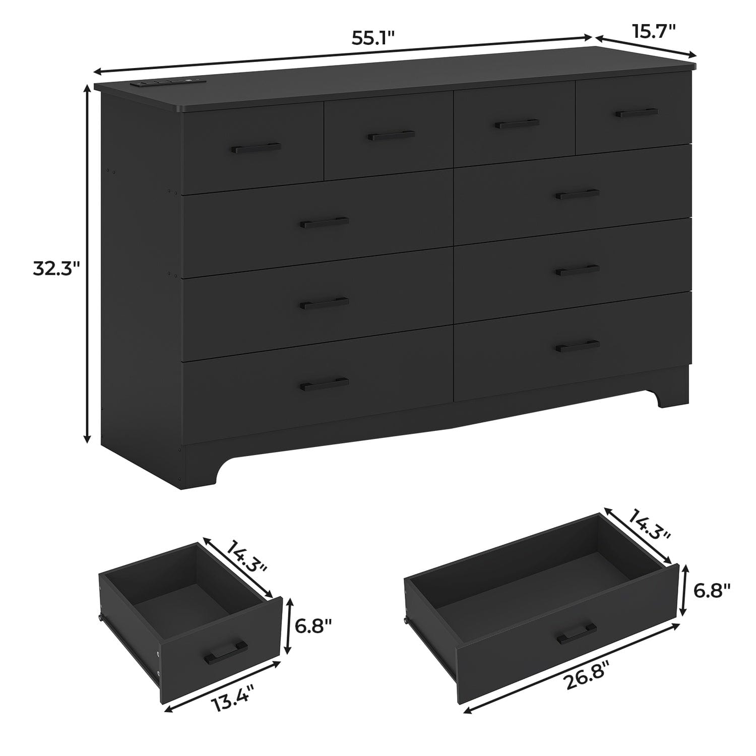Sikaic Dresser 55.1 Inches 10 Drawers Modern Long Dresser with Power Outlets and Ample Storage Organizer for Bedroom Black