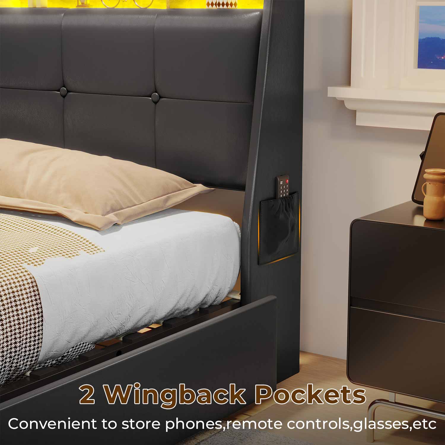 Sikaic Bed Frame Twin Size 4 Storage Drawers LED Bed Frame with Charging Station Black
