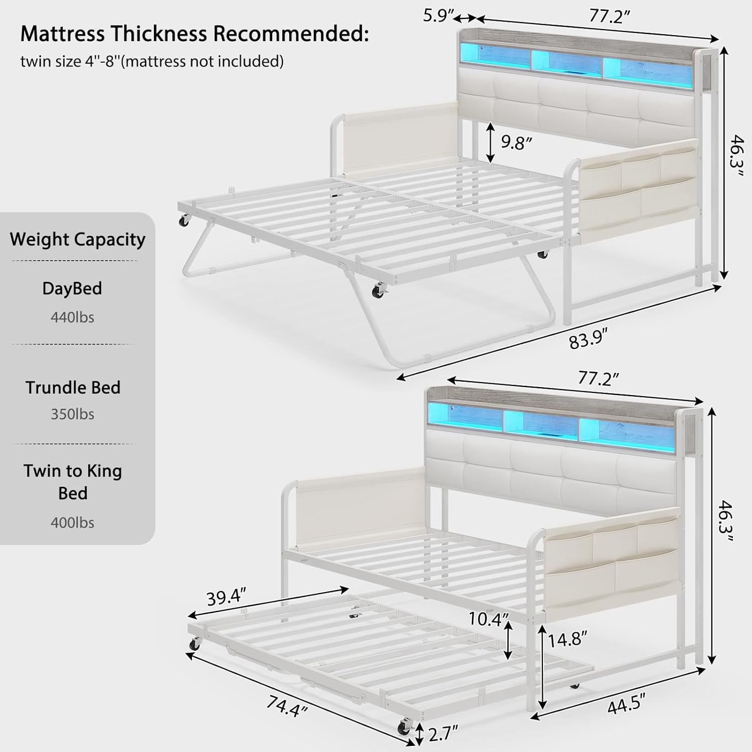 Sikaic Daybeds Twin Daybeds with Trundle and Upholstered Headboard White White / Engineered Wood / Engineered Wood