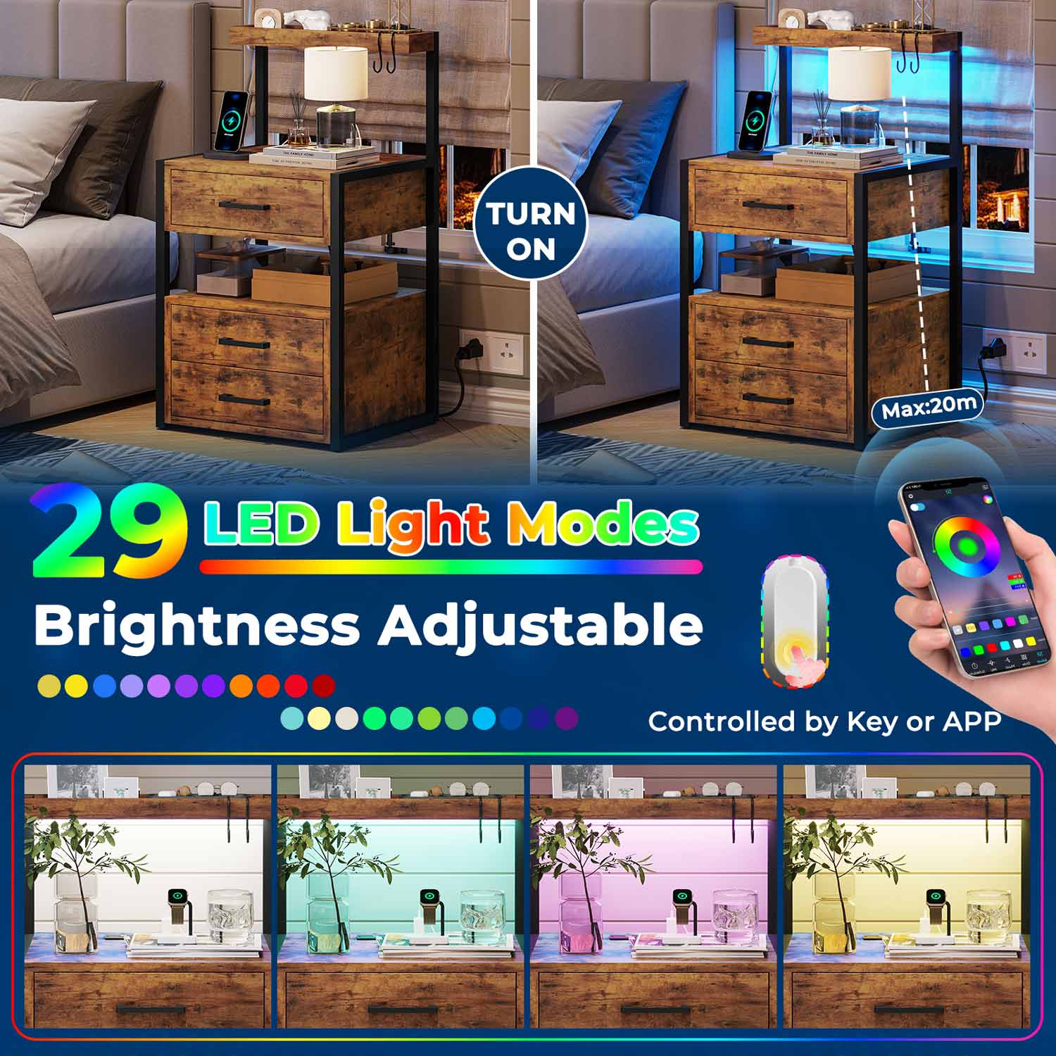 Sikaic Nightstand LED Nightstand with Charging Station 3 Drawers Brown