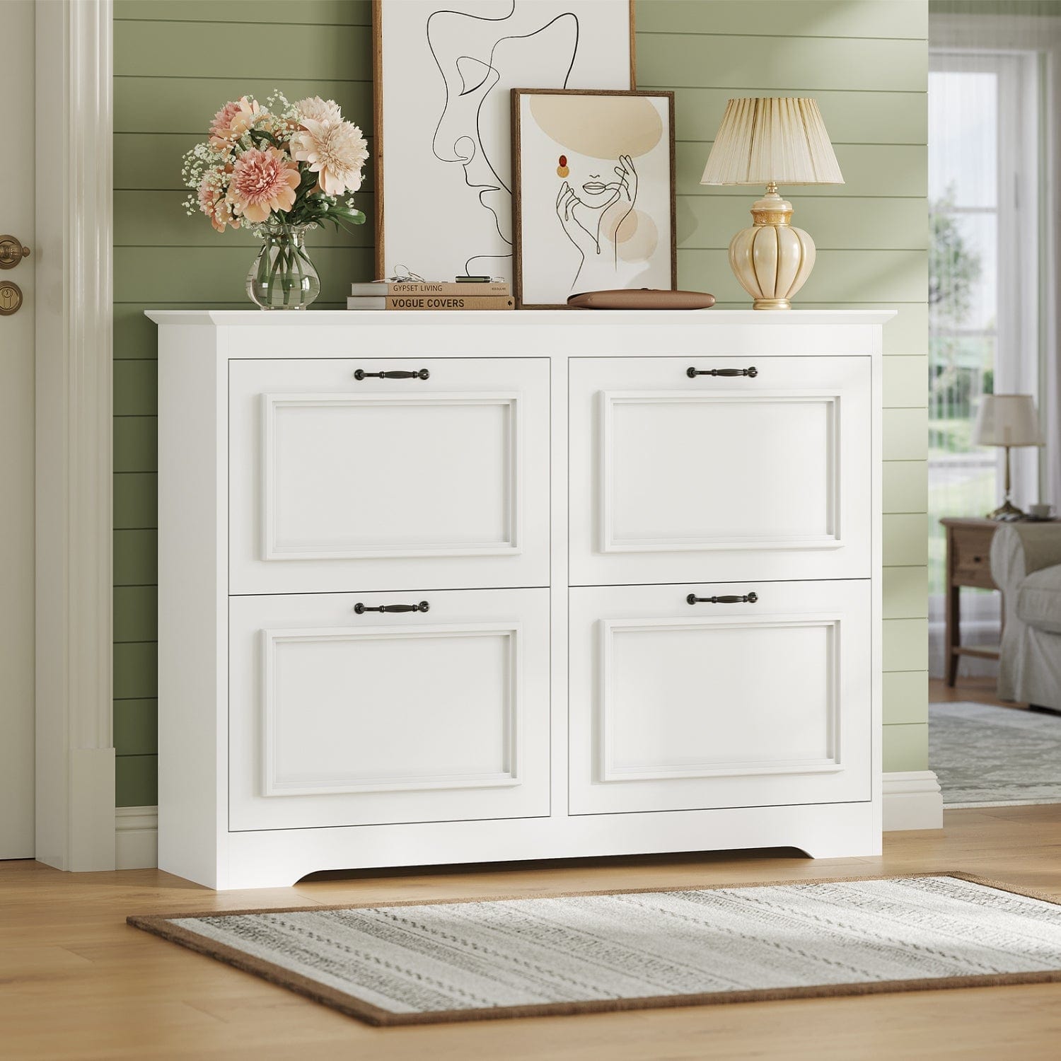 Sikaic Shoe Benches Shoe Benches with 4 Flip Drawers White White / Engineered Wood / Modern