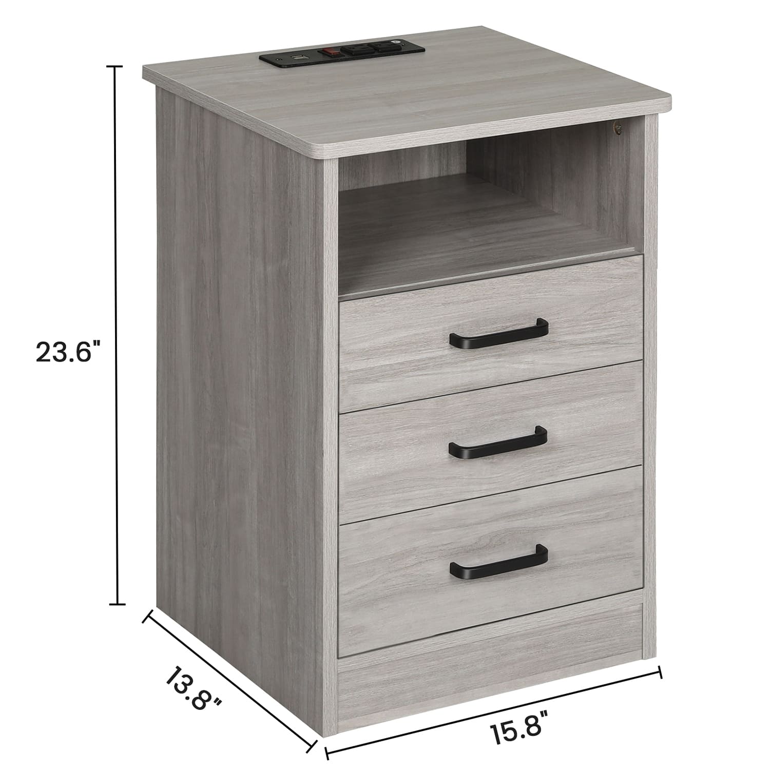 Sikaic Nightstand with 3 Drawers USB Port Grey