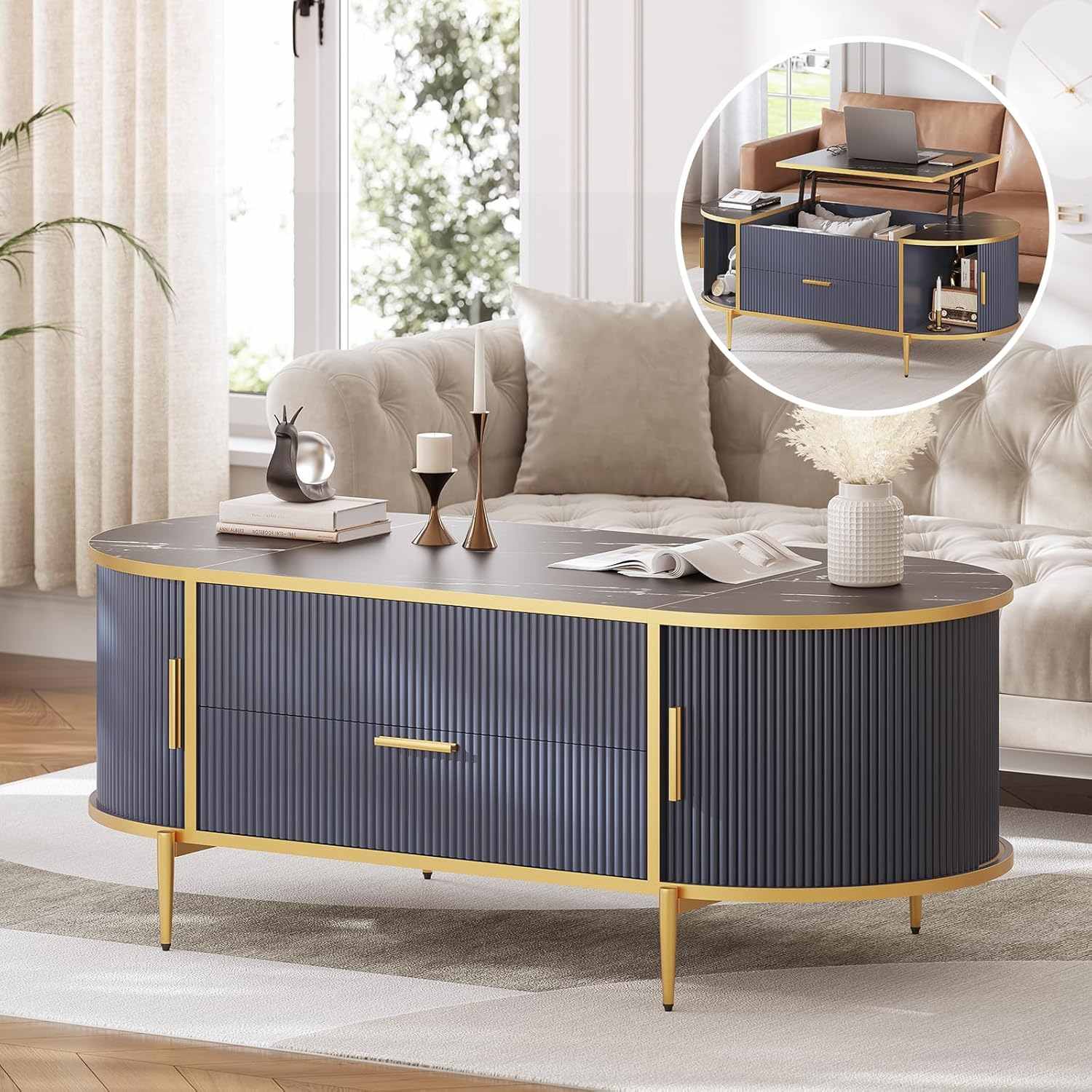 Sikaic Coffee Table Fluted Lift Top Coffee Table with Storage Blue Blue / Engineered Wood / Modern