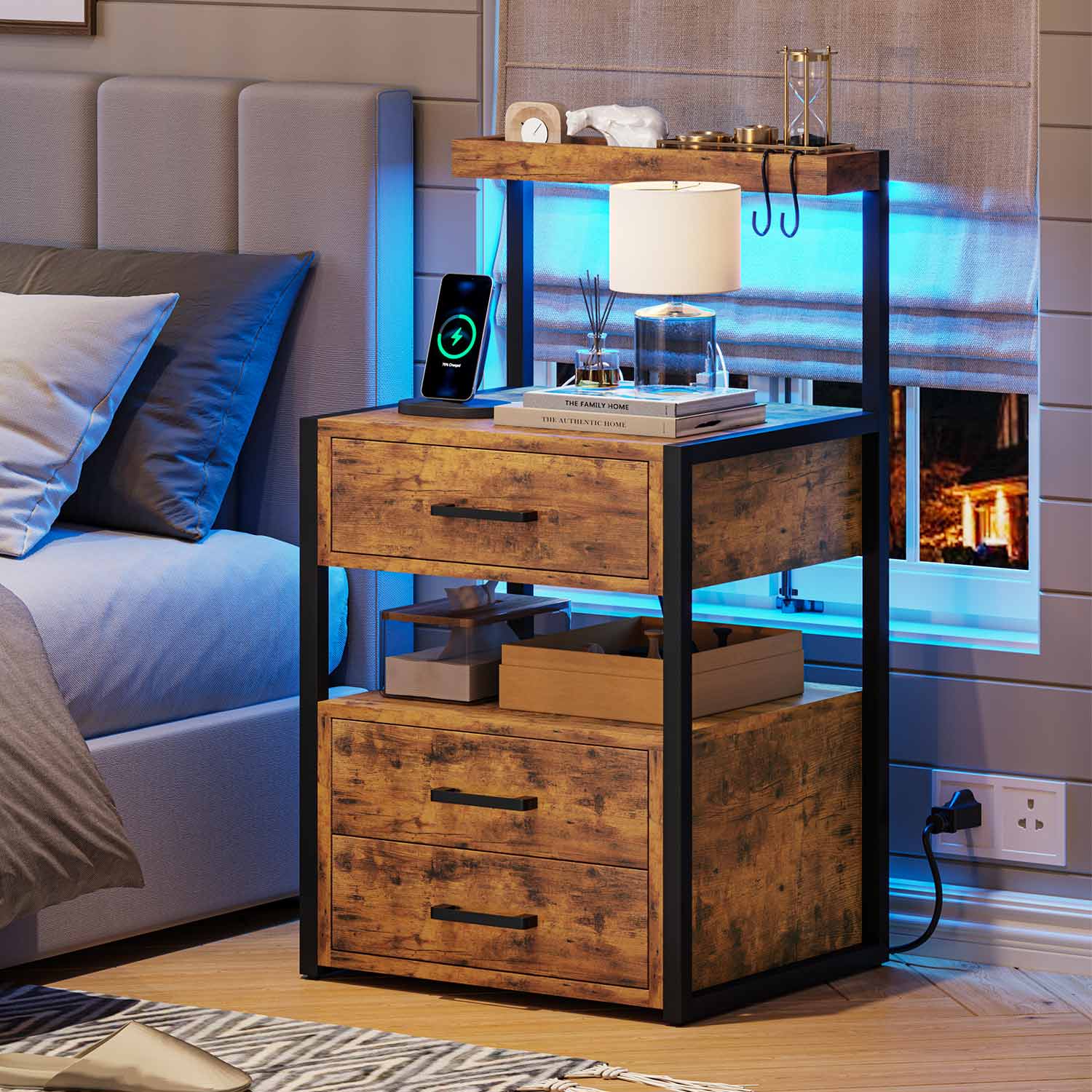 Sikaic Nightstand LED Nightstand with Charging Station 3 Drawers Brown