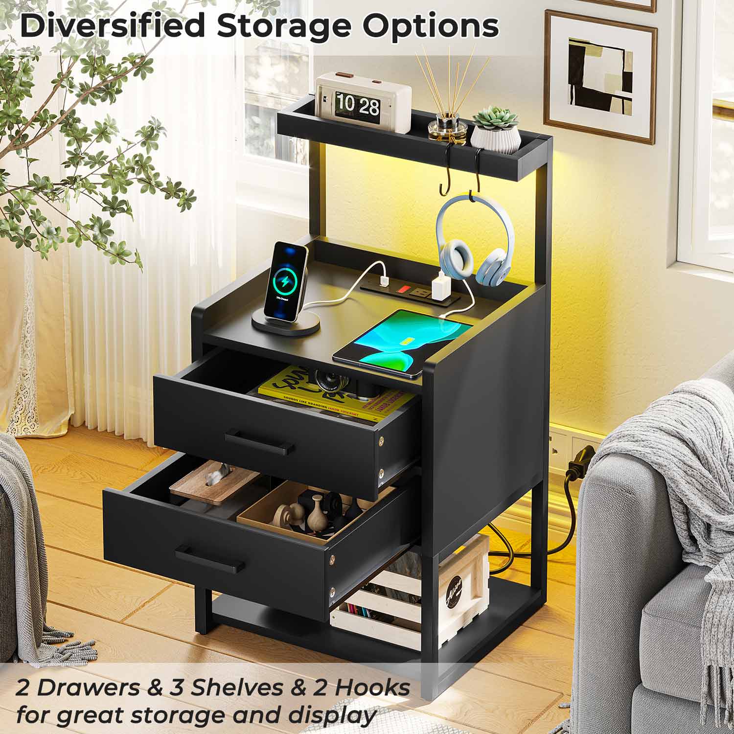 Sikaic Nightstands LED Nightstand with Charging Station Drawers Storage Shelves Black