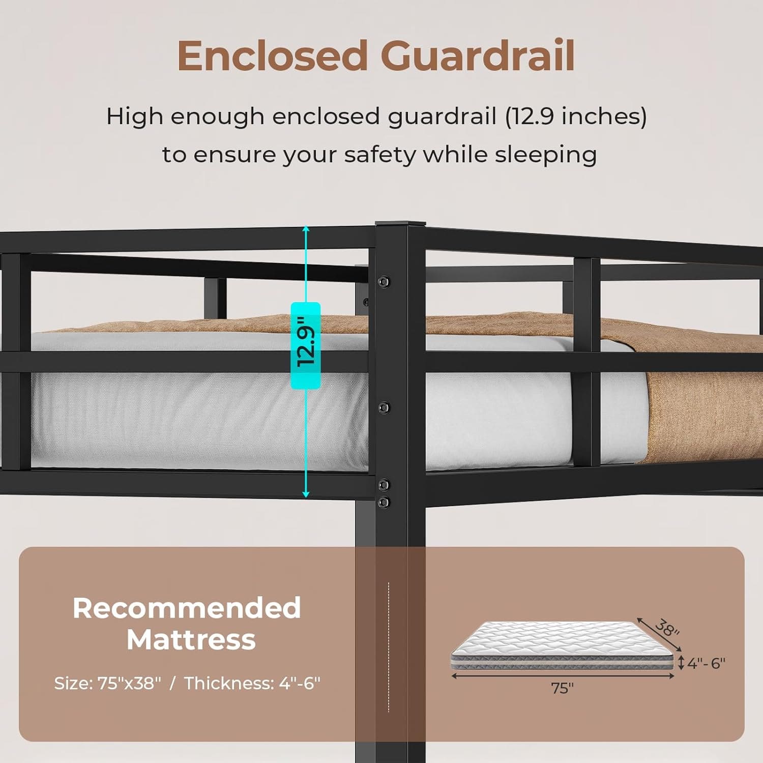 Sikaic Bed Frame Twin Size Metal Loft LED Lights Bed Frame with Des and Charging Station Guardrail & Ladder Black Black / Twin / Wood