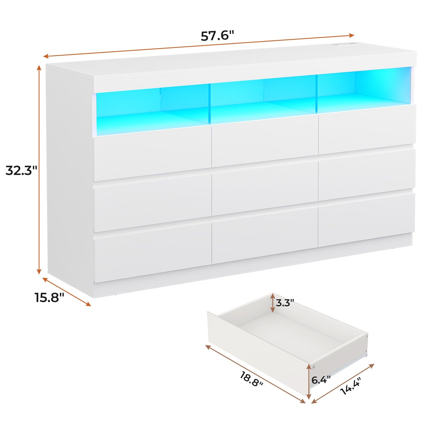 Sikaic Dresser White Dresser Chest of 9 No-Handle Drawers with LED RGB Lights for Bedroom