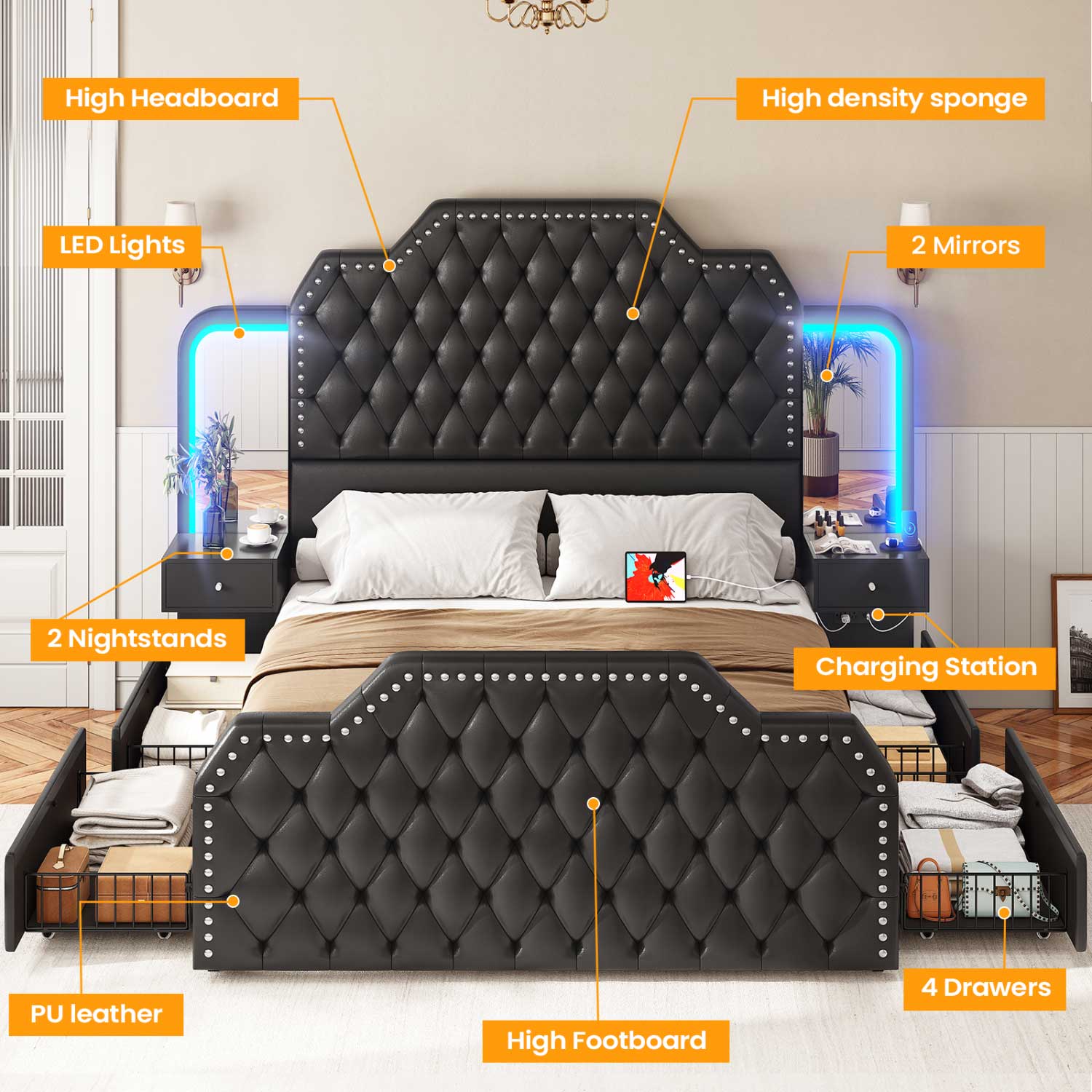 Sikaic Bed Frame PU Leather Upholstered Led Bed Frame with Storage Drawers Outlets & Nightstands Black
