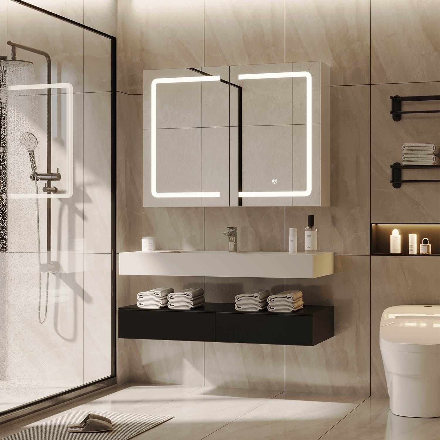 Sikaic Medicine Cabinet Lighted Double Doors Medicine Cabinet with Touch Switch Mirrors and Storage Adjustable Shelves White