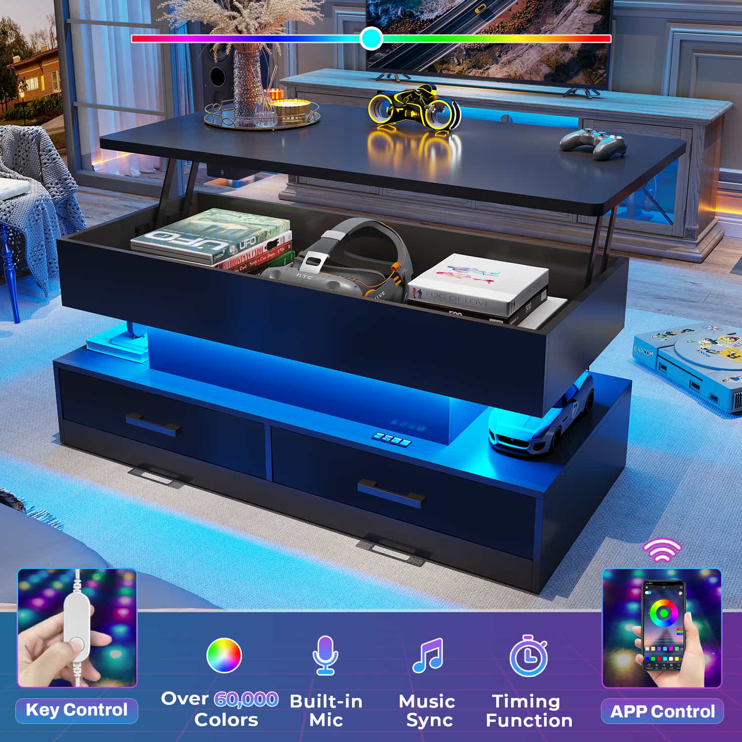 Sikaic Coffee Table 40 Inches Lift Top Coffee Table with 2 Fabric Drawers and LED Light Black