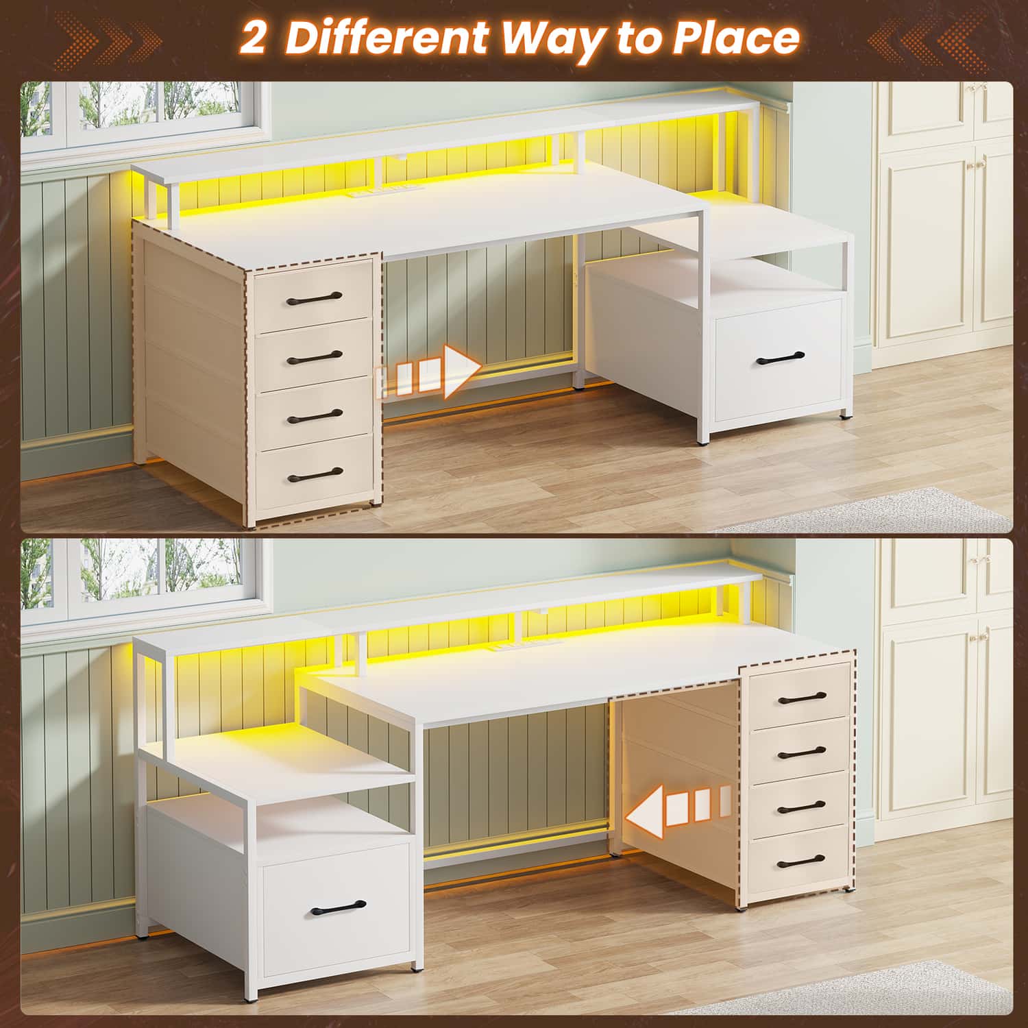 Sikaic Gaming Desk 66 inches LED Gaming Desk with File Drawer Power Outlet  Printer Cabinet and Monitor Shelf White