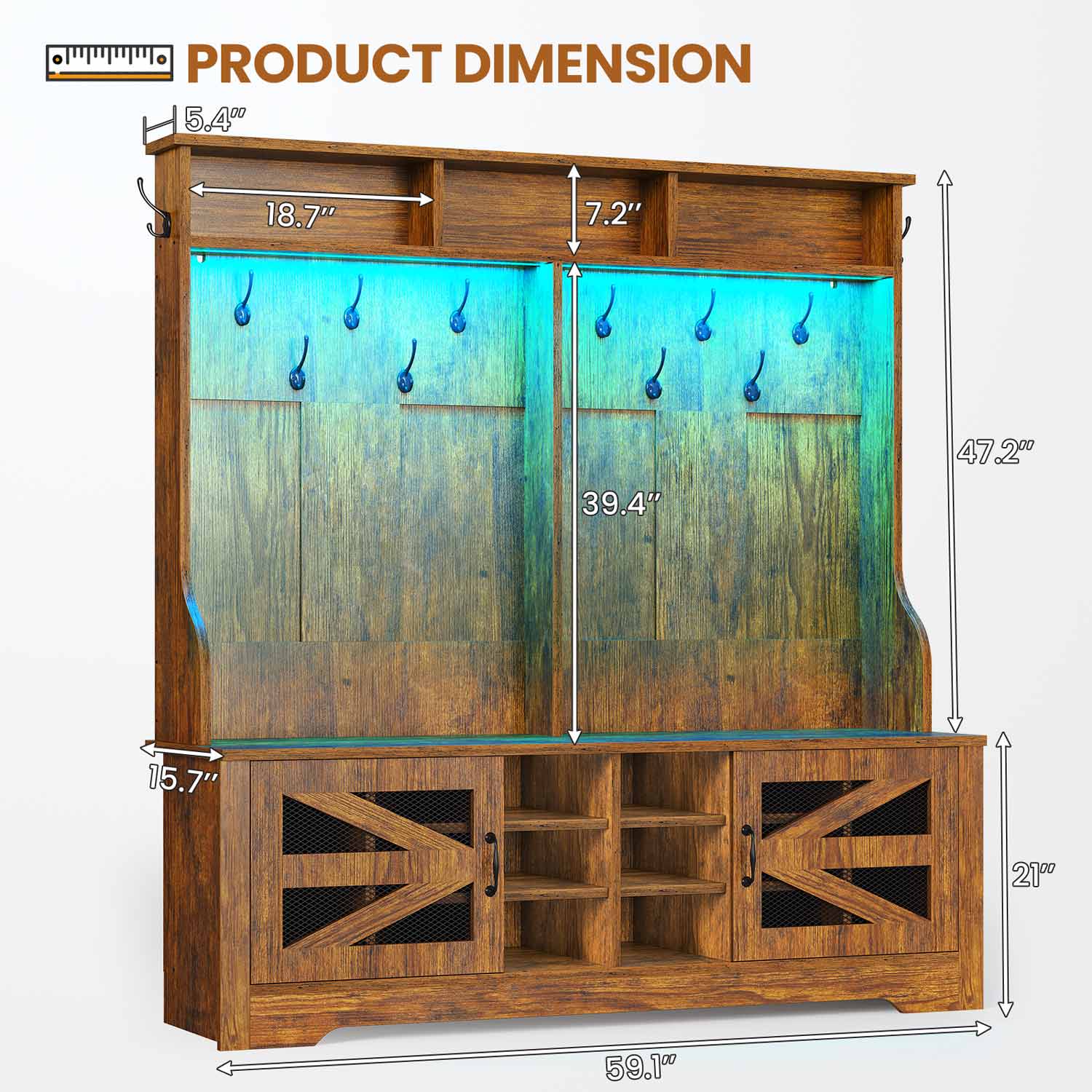 Sikaic Hall Tree 59.1 Inches 5-in-1 Hall Tree with Bench and 16 Shoe Cubbies Coat Hooks Barn Door & Adjustable Shelf Rustic Brown