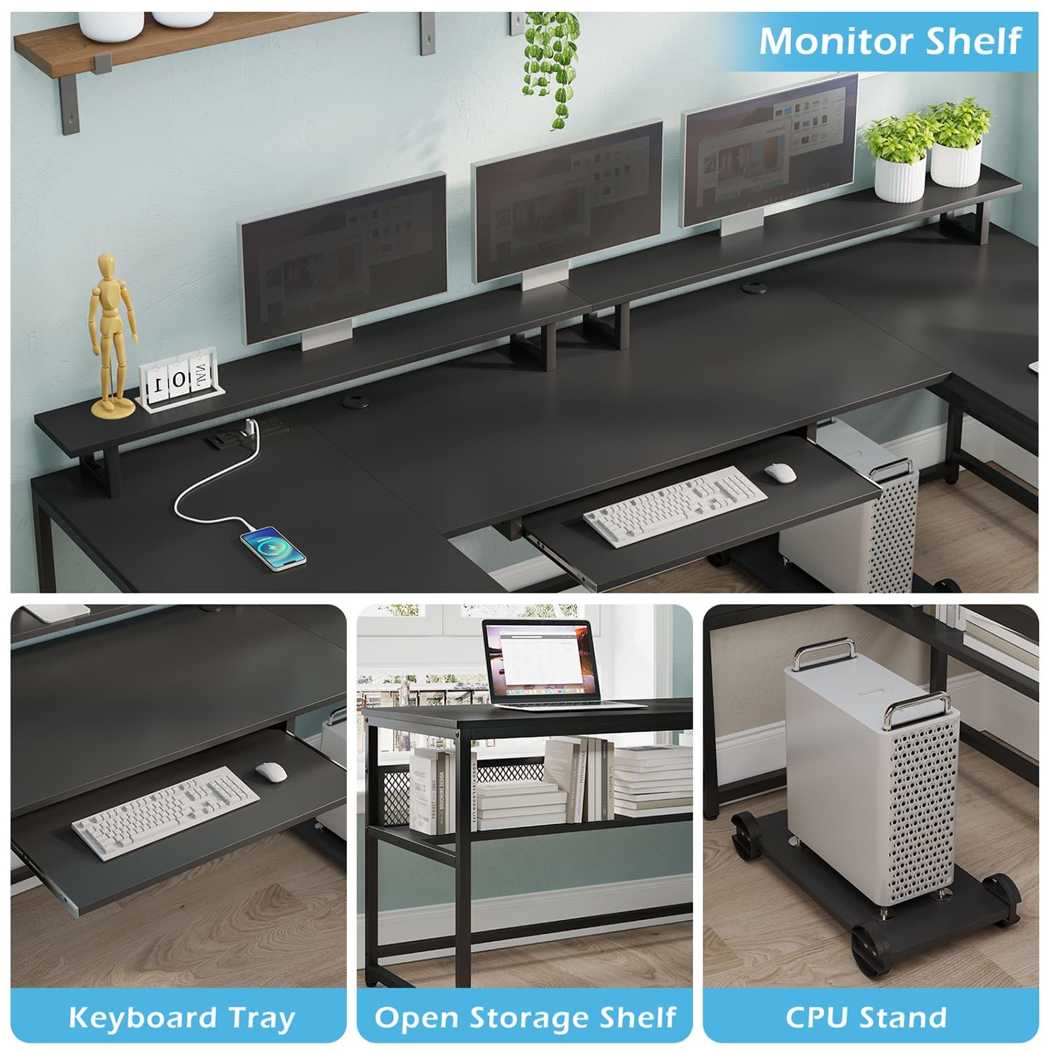 Sikaic Computer Desk 101.5 Inches U Shaped Reversible L Shaped Computer Desk with File Drawer Power Outlet Keyboard Tray Black