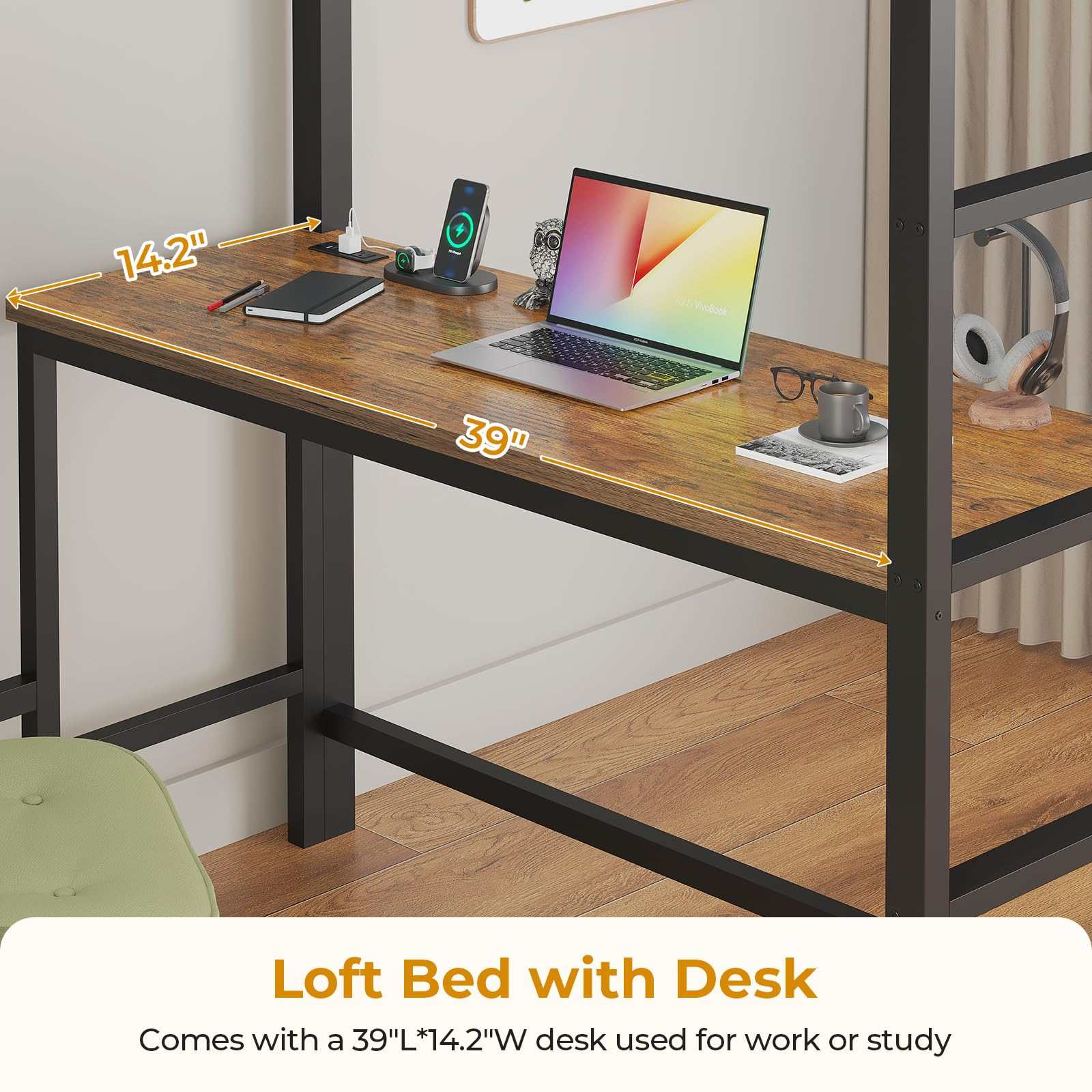 Sikaic Bed Frame Twin Loft LED Bed Frame Brown Brown / Steel / Modern