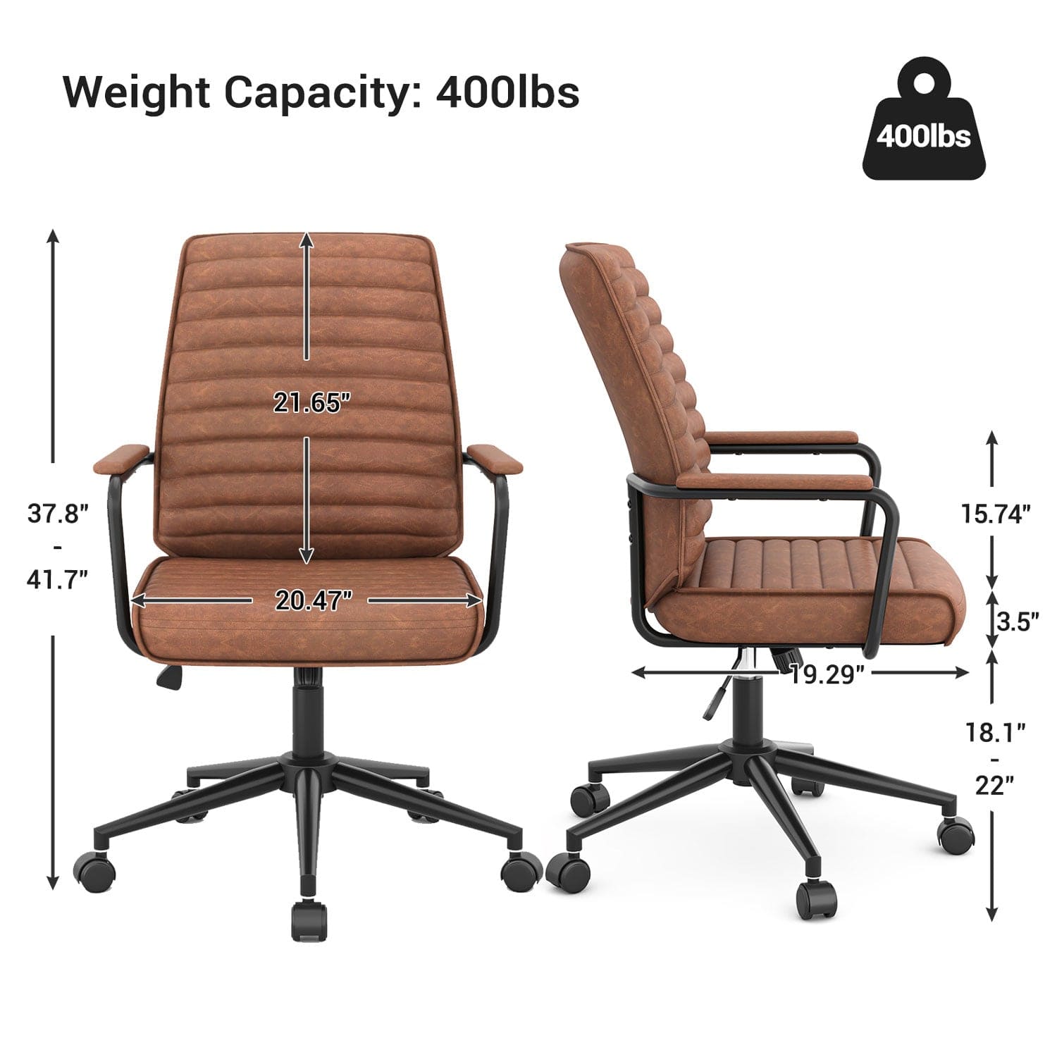Sikaic Office Chairs Mid Century Leather Home Office Chair with Armrest Brown