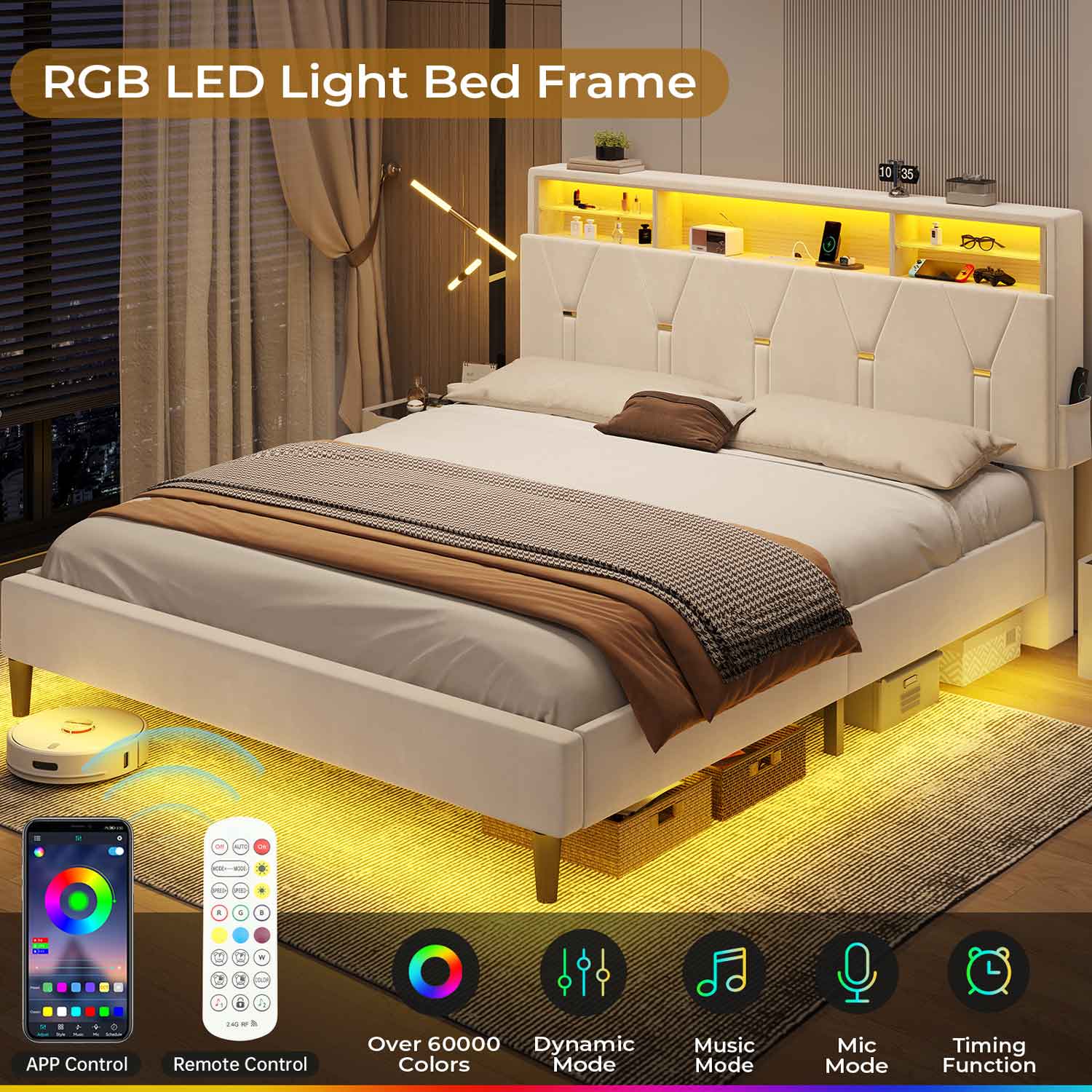 Sikaic Bed Frame Faux Leather LED Bed Frame with Outlets and Storage Headboard White