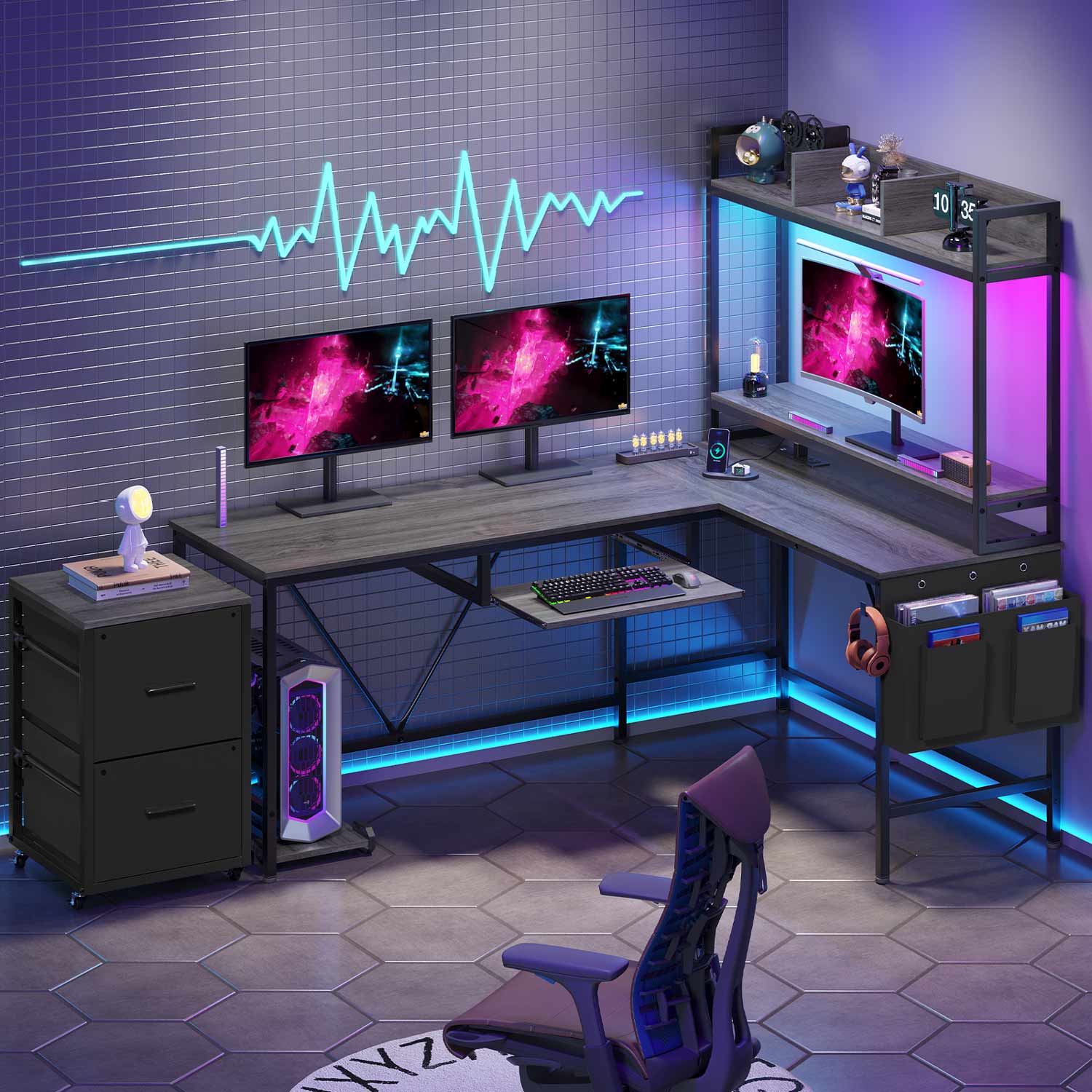 Sikaic Gaming Desk 67 Inches Led L Shaped Reversible Corner Gaming Desk with Power Outlet & Drawer File Cabinet Keyboard Tray Dark Grey