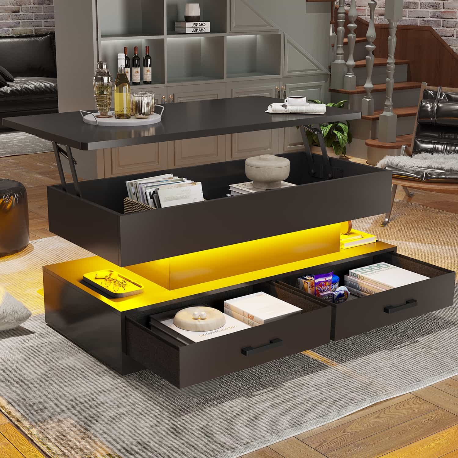 Sikaic Coffee Table 40 Inches Lift Top Coffee Table with 2 Fabric Drawers and LED Light Black