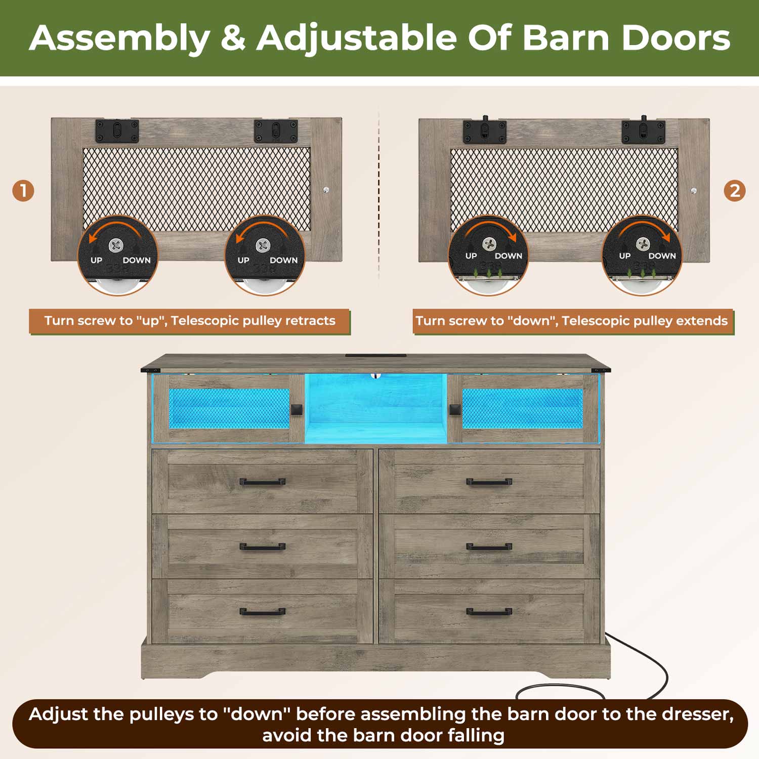 Sikaic Dressers 6 Drawers LED Dresser with Outlets Rustic Oak