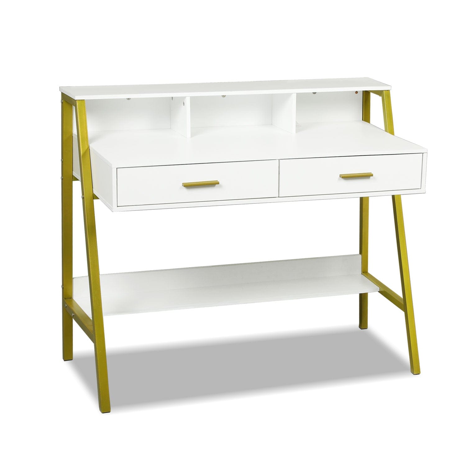 Sikaic Writing Desk Writing Desk with Drawers Built-in Hutch White Gold White Gold / Modern