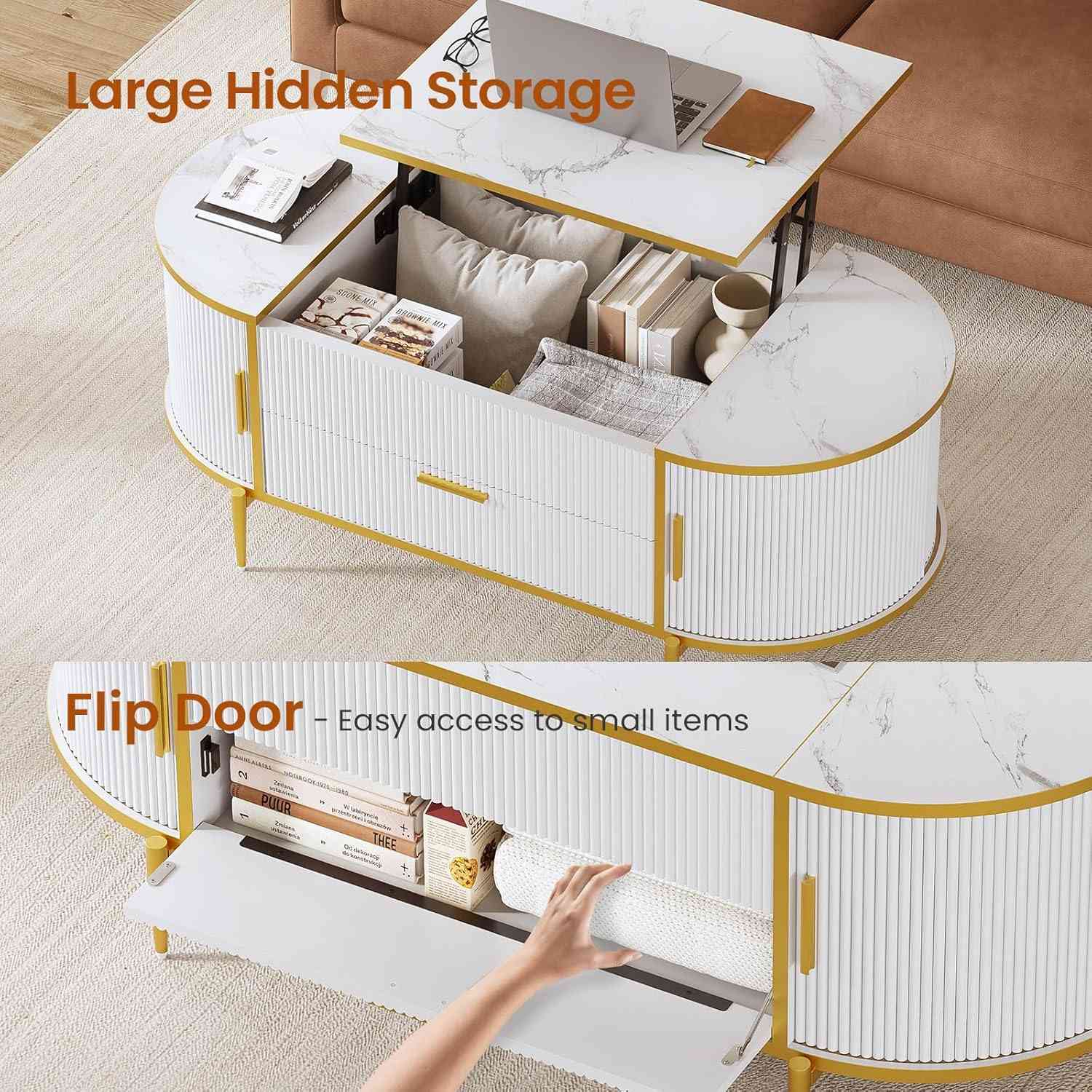 Sikaic Coffee Table Fluted Lift Top Coffee Table with Storage White White / Engineered Wood / Modern
