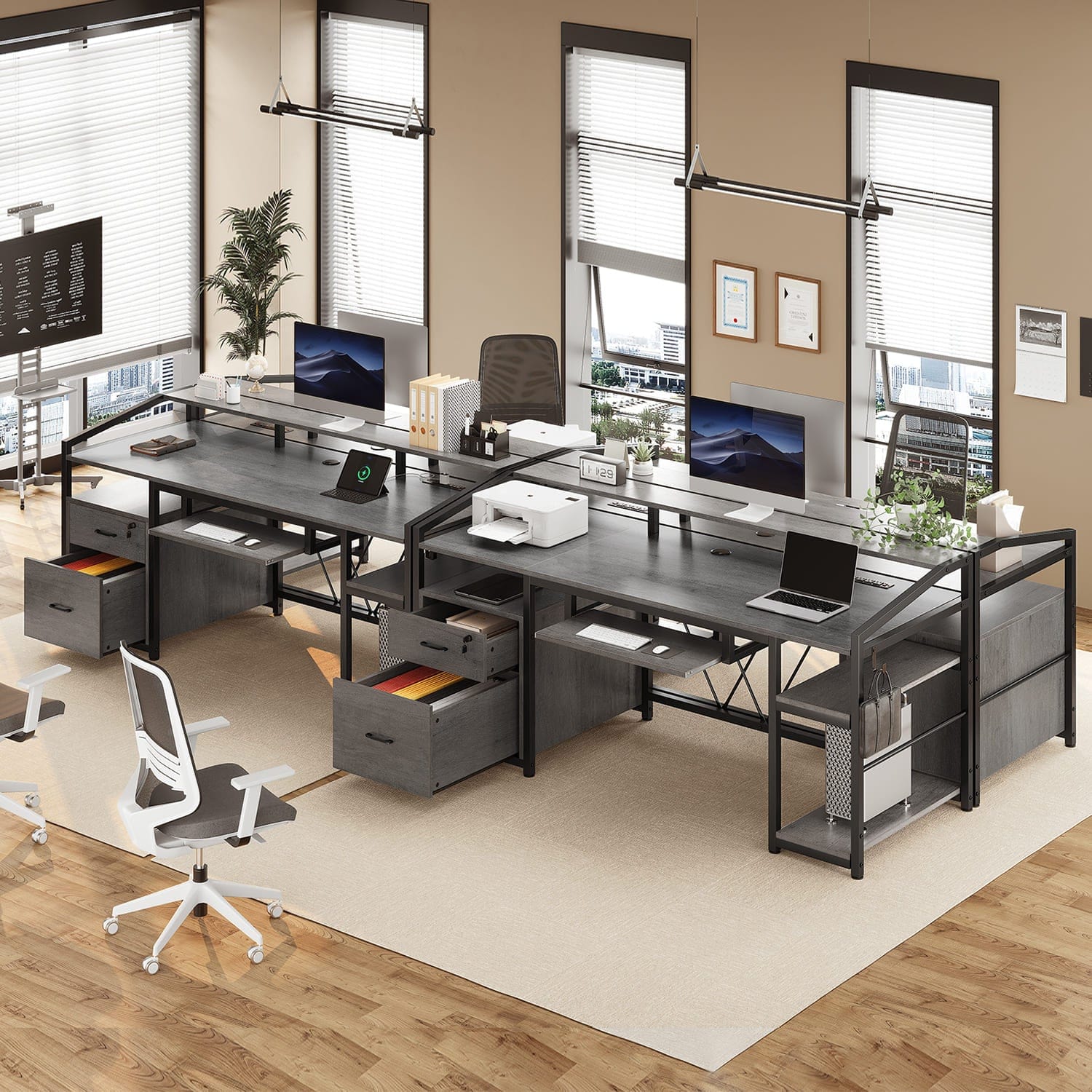 Sikaic Gaming Desk 63 Inches  Gaming Desk with LED Light Drawers Grey