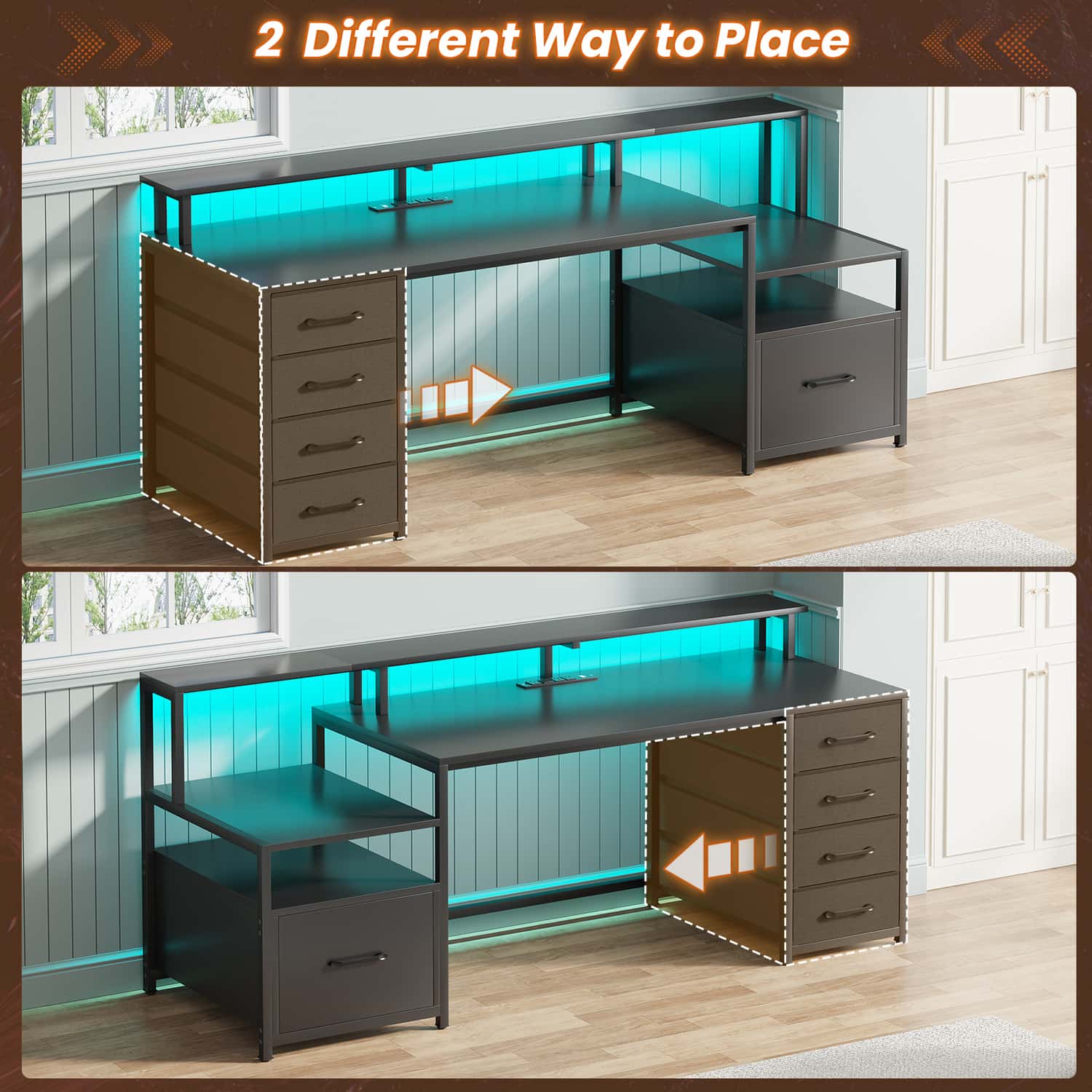 Sikaic Gaming Desk 66 inches LED Gaming Desk with File Drawer Power Outlet  Printer Cabinet and Monitor Shelf Black