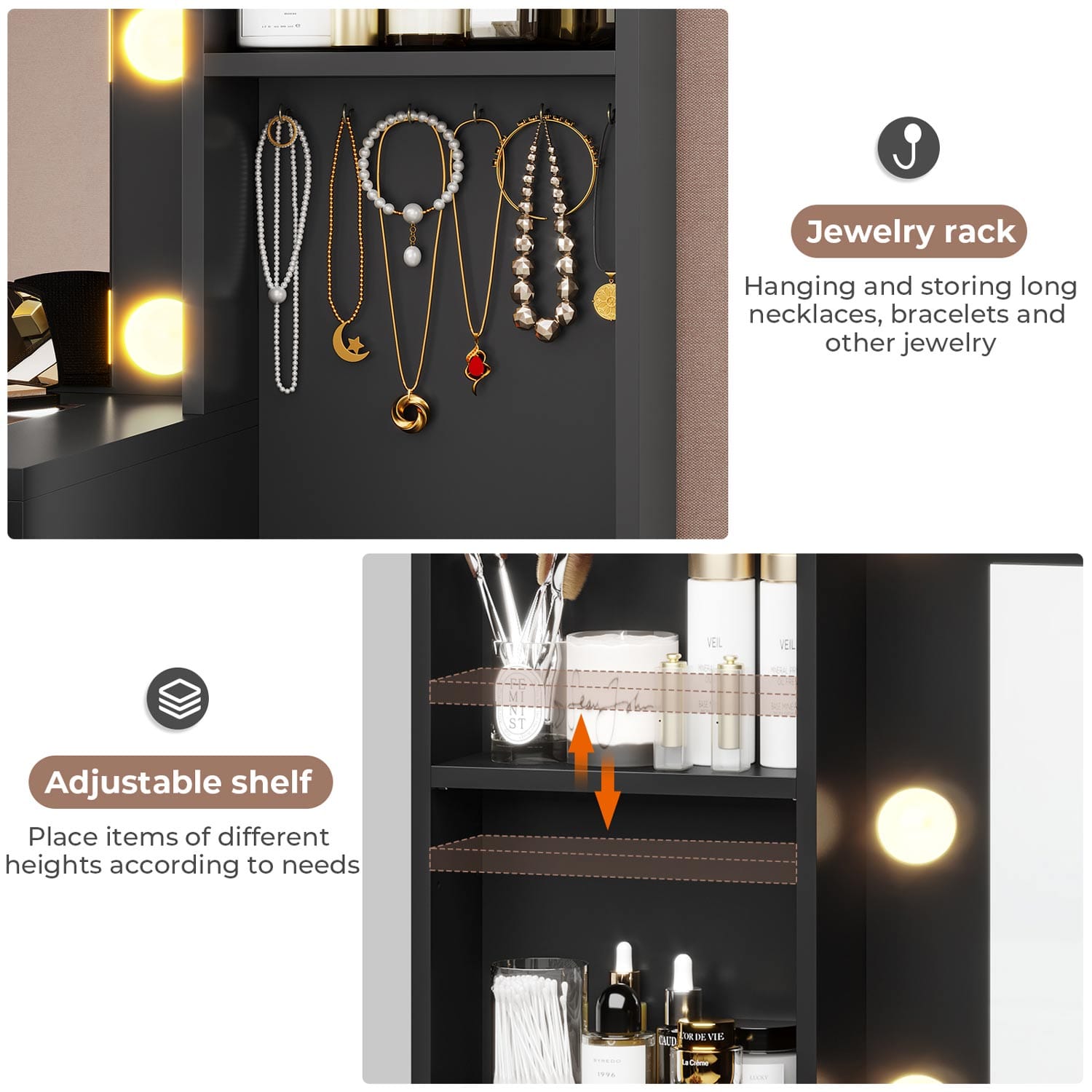 Sikaic Makeup Vanity 48.8 Inches Large Makeup Vanity Desk with Lighted Mirror & Power Outlet Glass Tabletop Bedroom Dressing Table Black