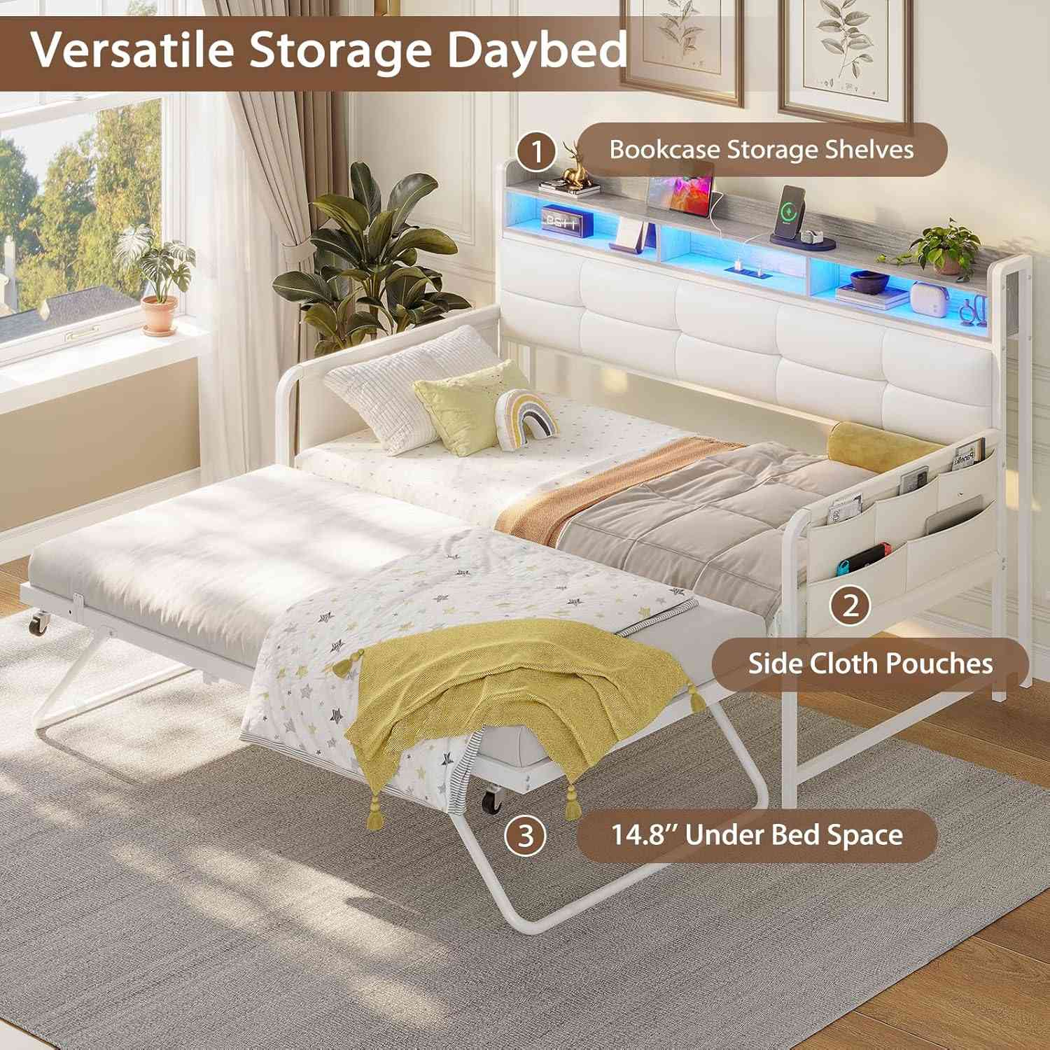 Sikaic Daybeds Twin Daybeds with Trundle and Upholstered Headboard White White / Engineered Wood / Engineered Wood