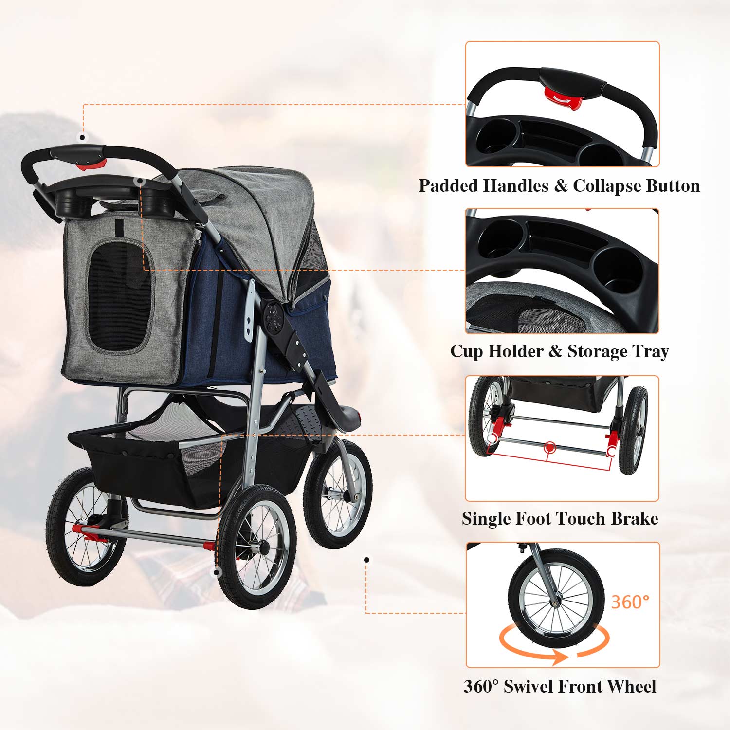 Sikaic Pet Stroller Pet Stroller Folding Traveling Cart with Storage Basket Blue Grey