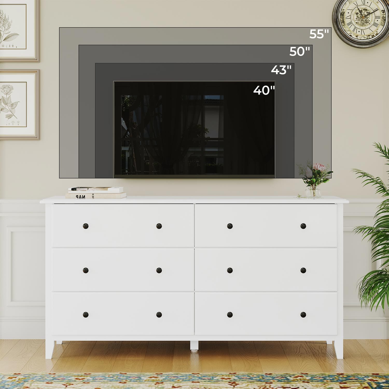 Sikaic Dressers 6 Drawers Double Dresser with Large Capacity Solid Wood Storage Cabinet White