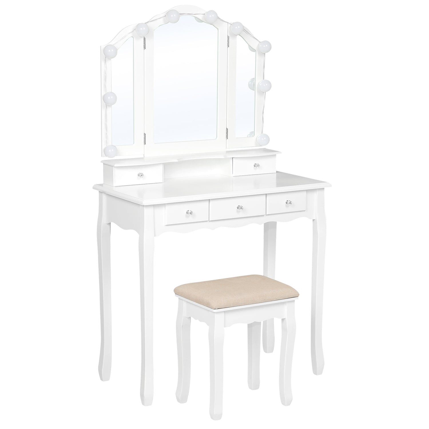 Sikaic Makeup Vanity Makeup Vanity with Lighted Mirror Stool Drawers White
