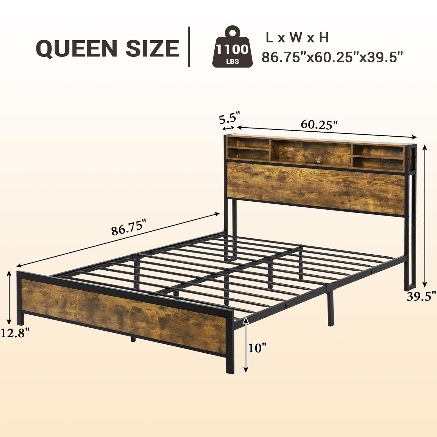 Sikaic Bed Frame Metal Platform LED Bed Frame with Outlets and USB Ports No Box Spring Needed Brown