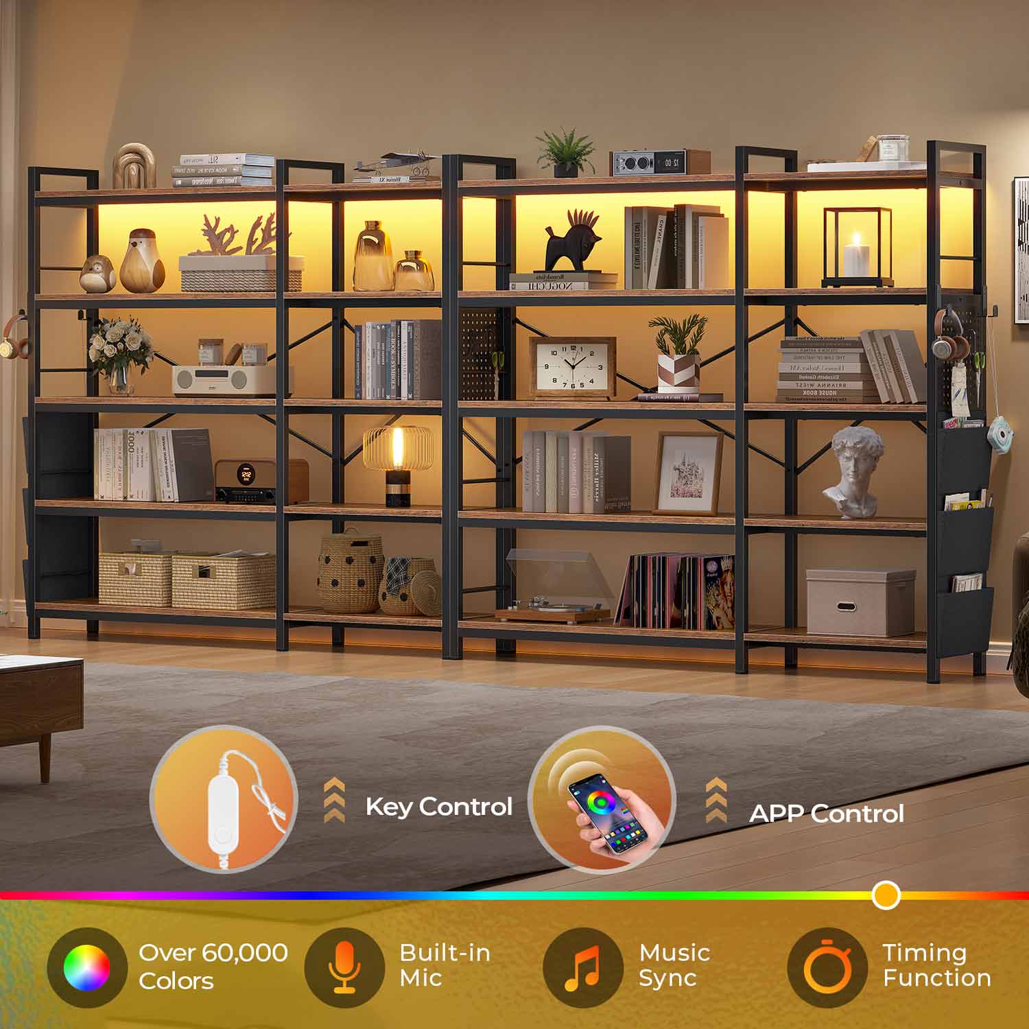 Sikaic Bookshelf 55 Inches Convertible Corner 5-Tier Tall Bookshelf with Pegboard Storage Bag & LED Light for Bedroom Brown