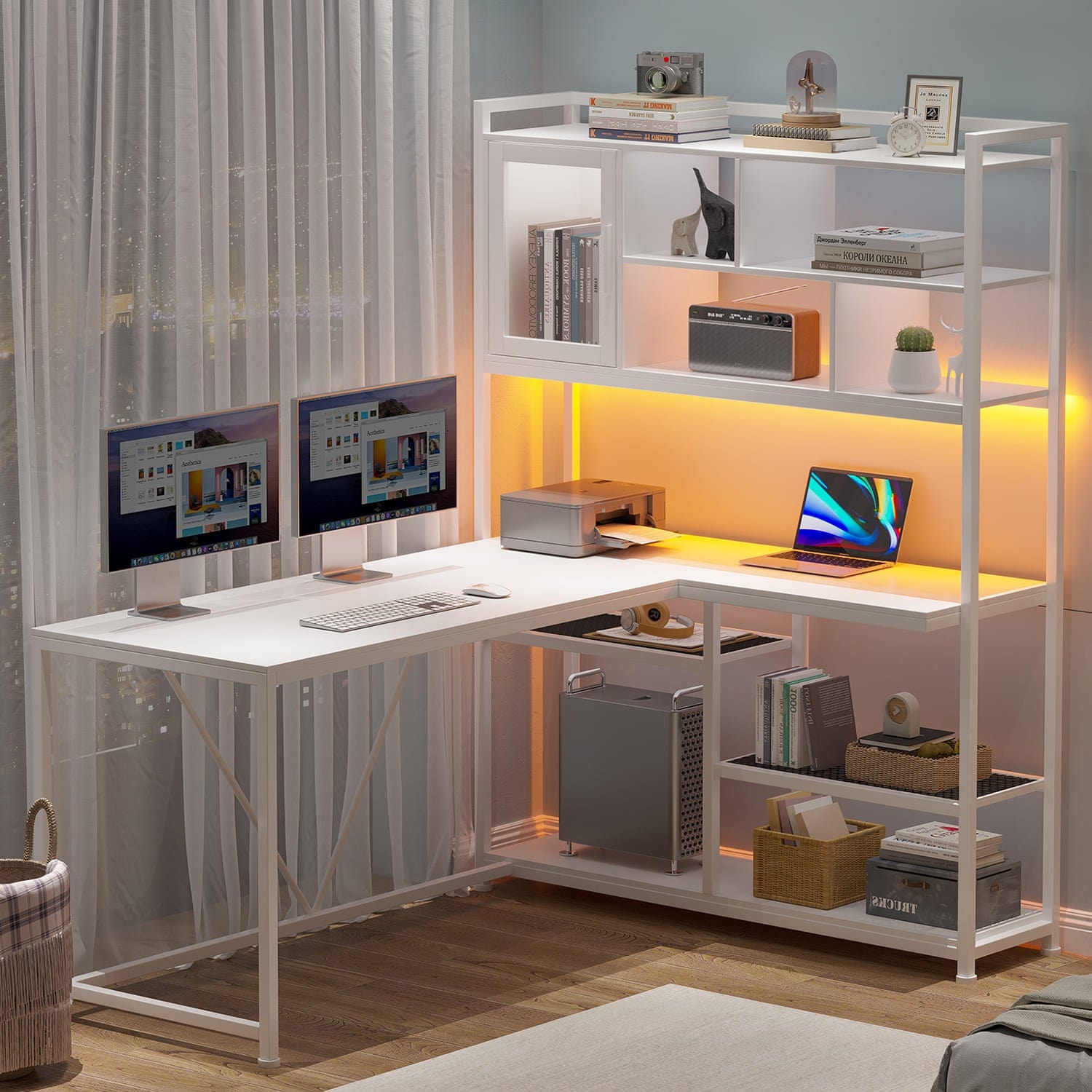 Sikaic Gaming Desk 58 Inches L Shape Corner Gaming Desk with LED Light Bookshelf White