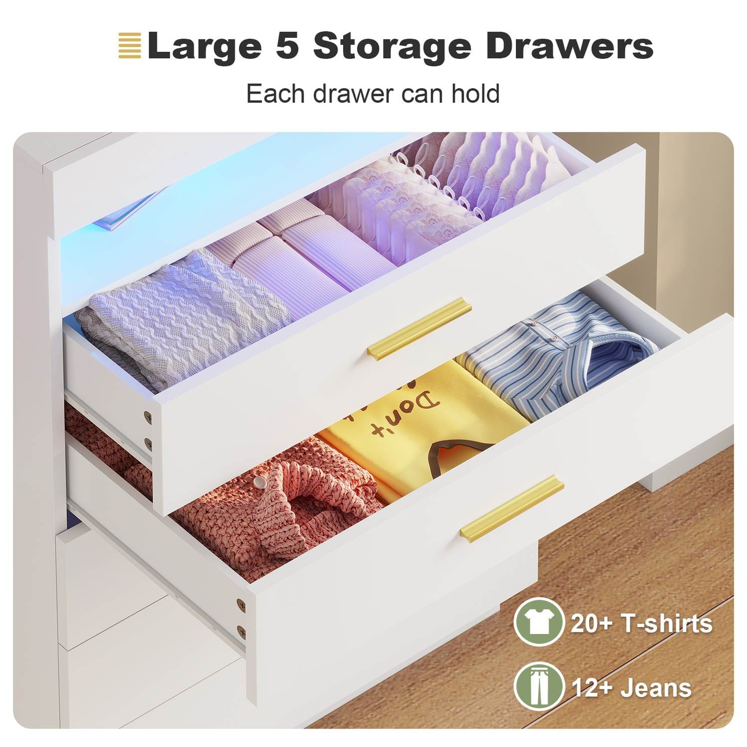 Sikaic Dresser Modern Floating White Dresser Chest of 5 Drawers with Pull-Out Shelf and Open Storage & LED Lights