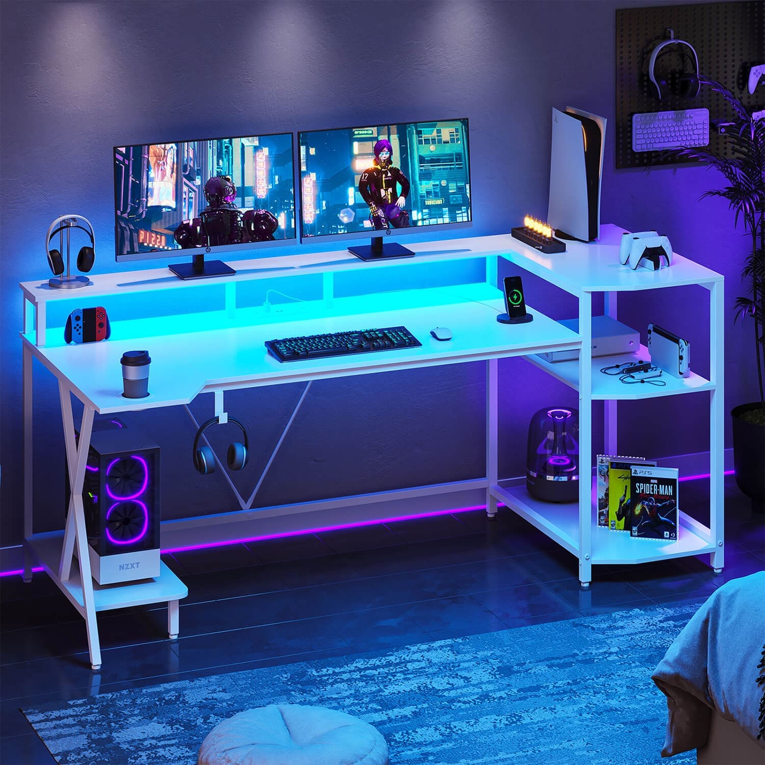 Sikaic Gaming Desk 70.8 Inches Large PC Gamer Gaming Desk with LED Lights Storage Shelves Monitor Stand Power Outlets and Cup Holder White