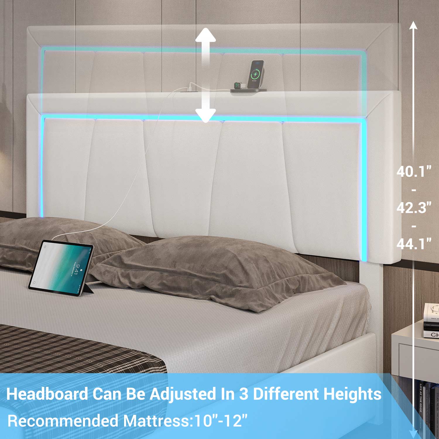 Sikaic Beds & Bed Frames Faux Leather Platform LED Bed Frame with Storage Drawers and USB Ports Adjustable Headboard White