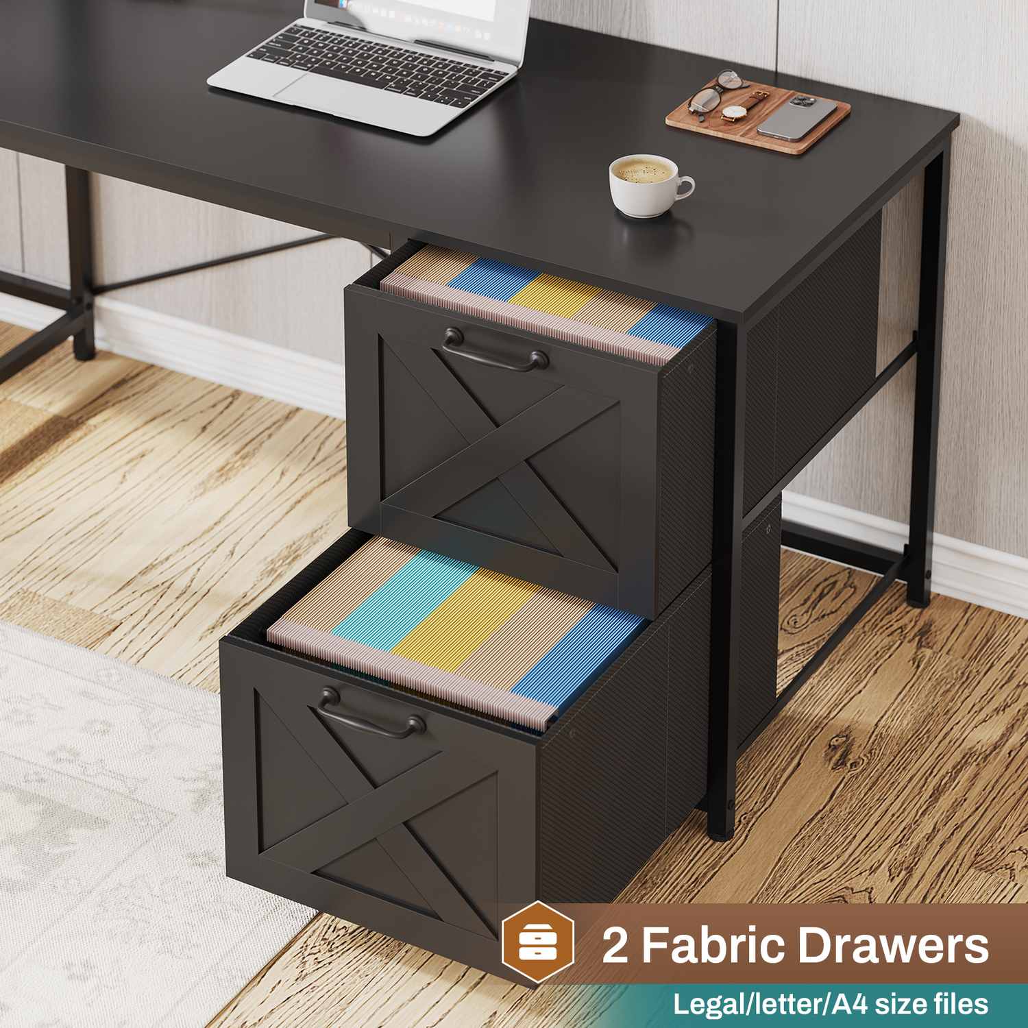 Sikaic Gaming Desk LED lights L Shaped Gaming Desk with Fabric File Drawers and Power Outlet Hutch & Storage Shelves Black