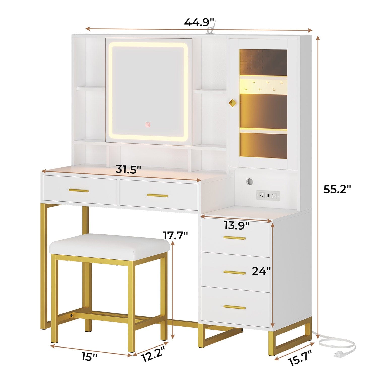 Sikaic Makeup Vanity Makeup Vanity Set with Mirror and Lights Charging Station RGB Jewelry Storage Shelves White